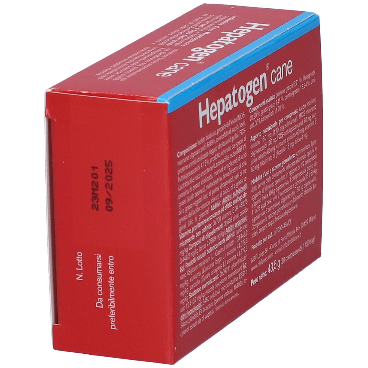 Scatola rossa con testo blu. Scritto: Hepatogen cane. Testo e data di scadenza. Marchio: NBF Lanes Pet Line.