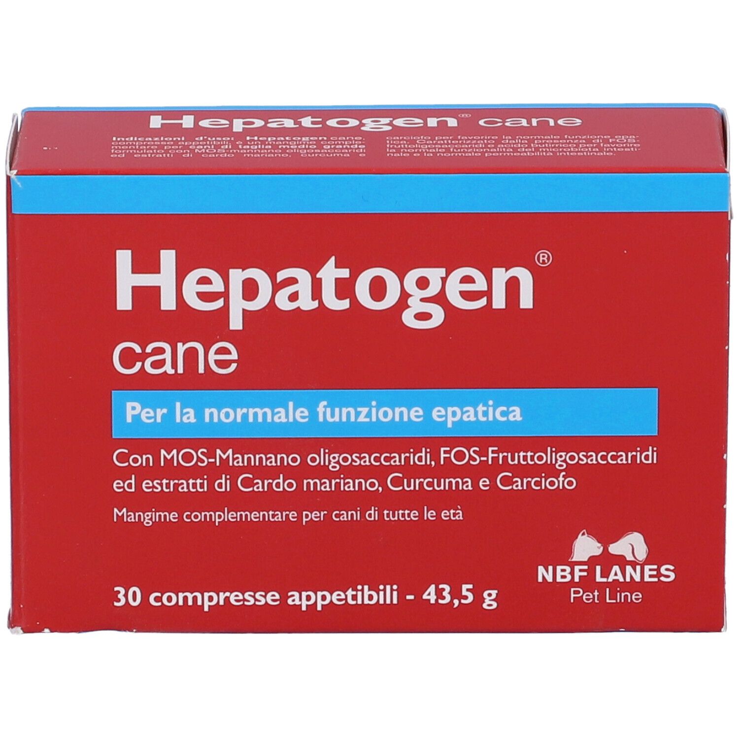 Scatola rossa con testo blu. Scritto: Hepatogen cane. Contiene 30 compresse. Marchio: NBF Lanes Pet Line.