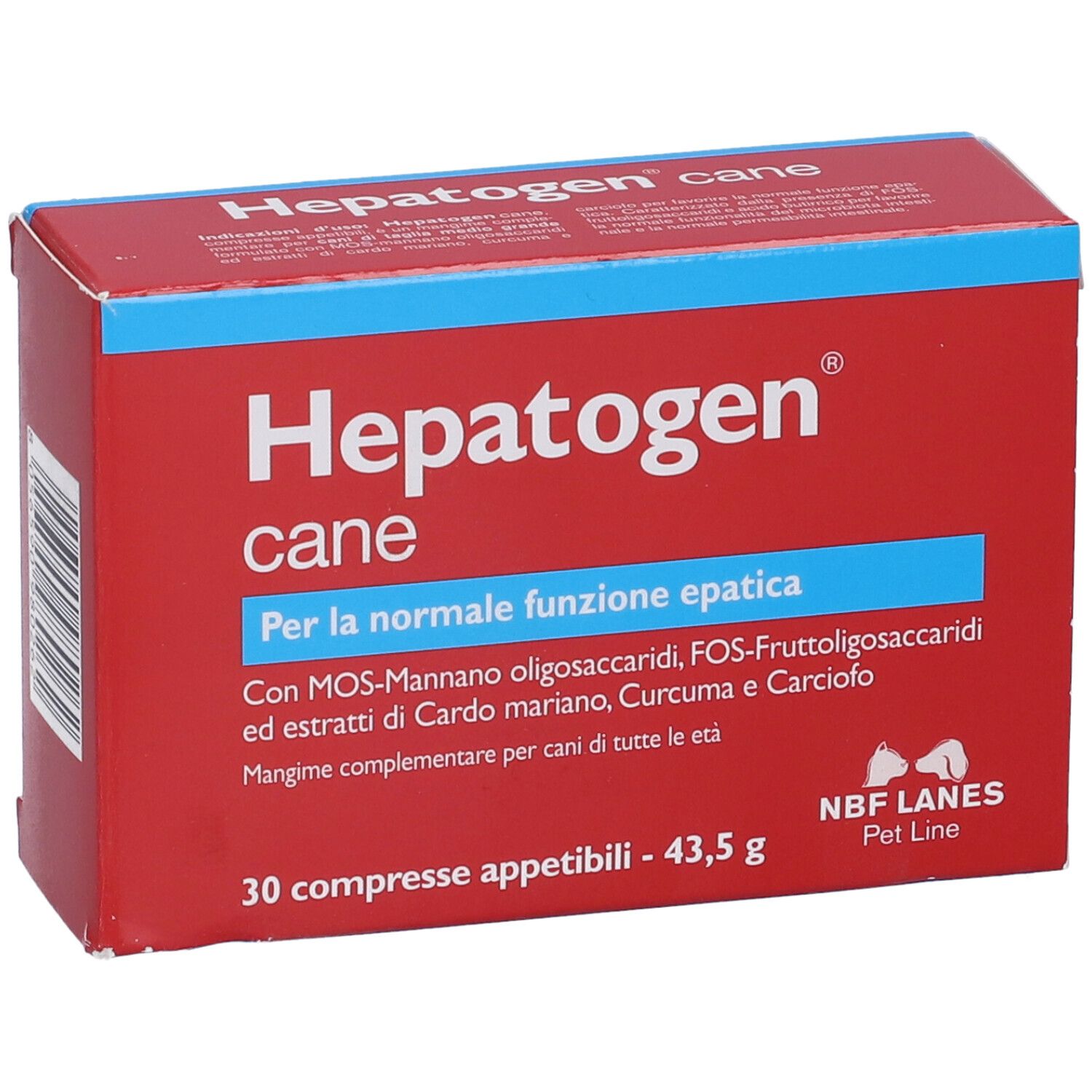 Scatola rossa con testo blu. Scritto: Hepatogen cane. Contiene 30 compresse. Marchio: NBF Lanes Pet Line.