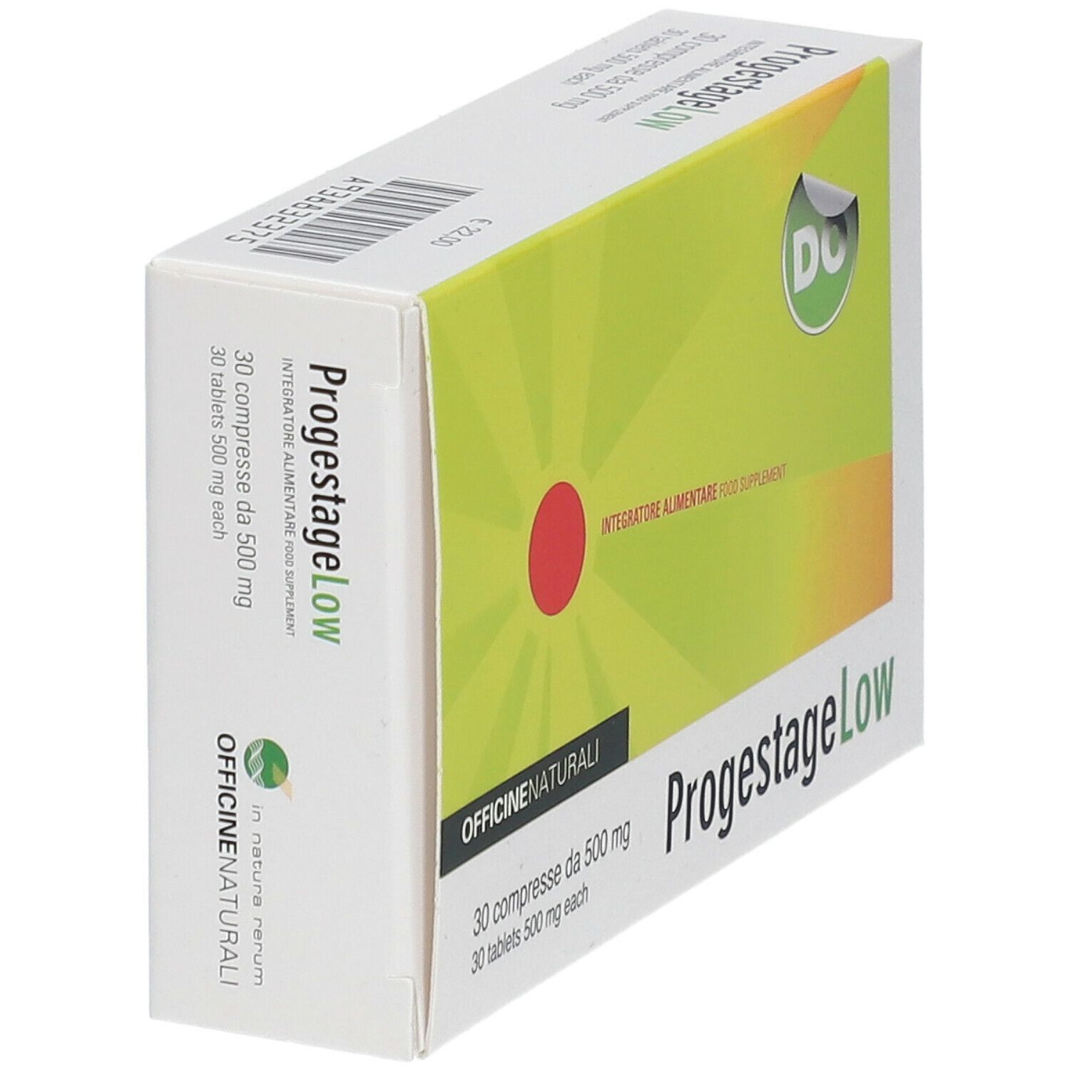 Confezione ProgestageLow. Scatola bianca con sfondo giallo e cerchio rosso. Testo: 30 compresse, 500 mg.