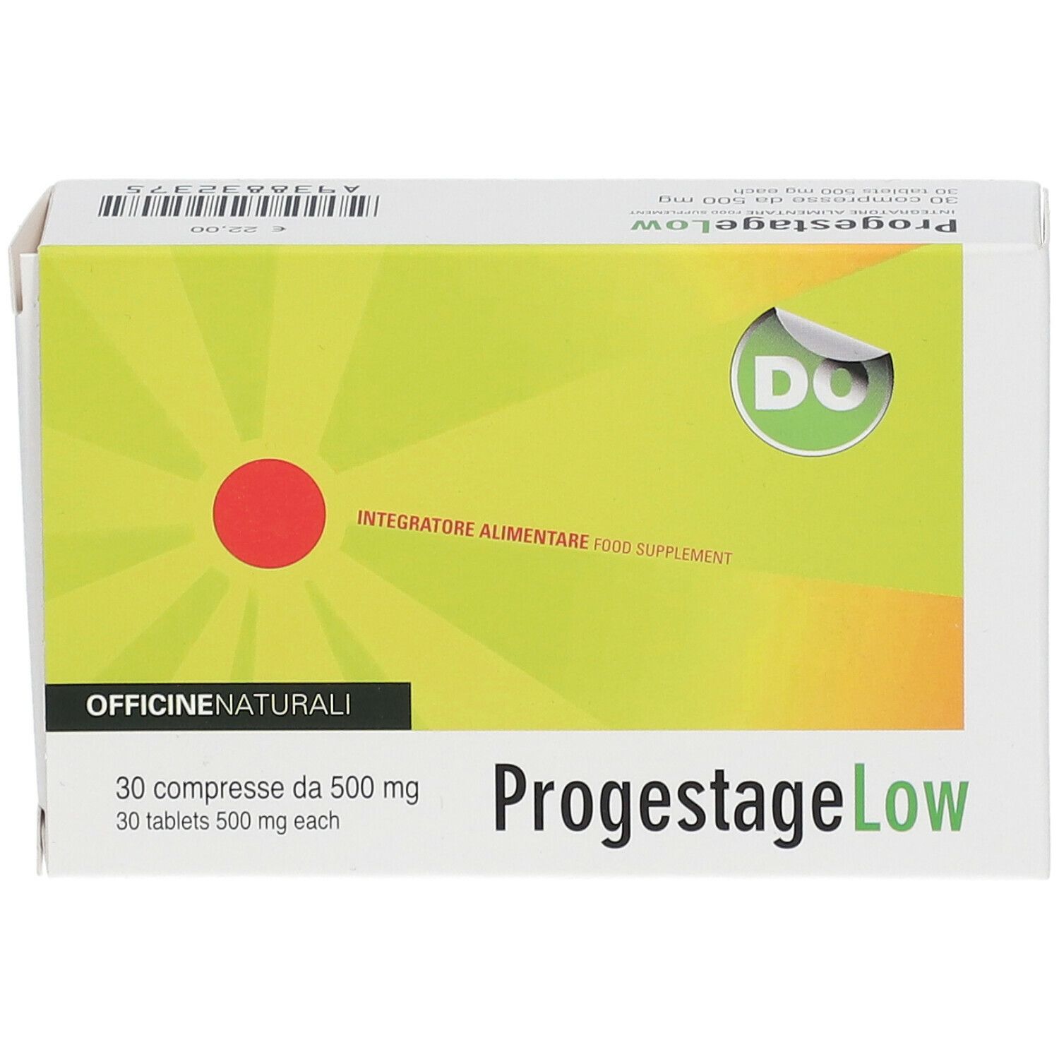 Confezione ProgestageLow. Scatola bianca con sfondo giallo e cerchio rosso. Testo: 30 compresse, 500 mg.