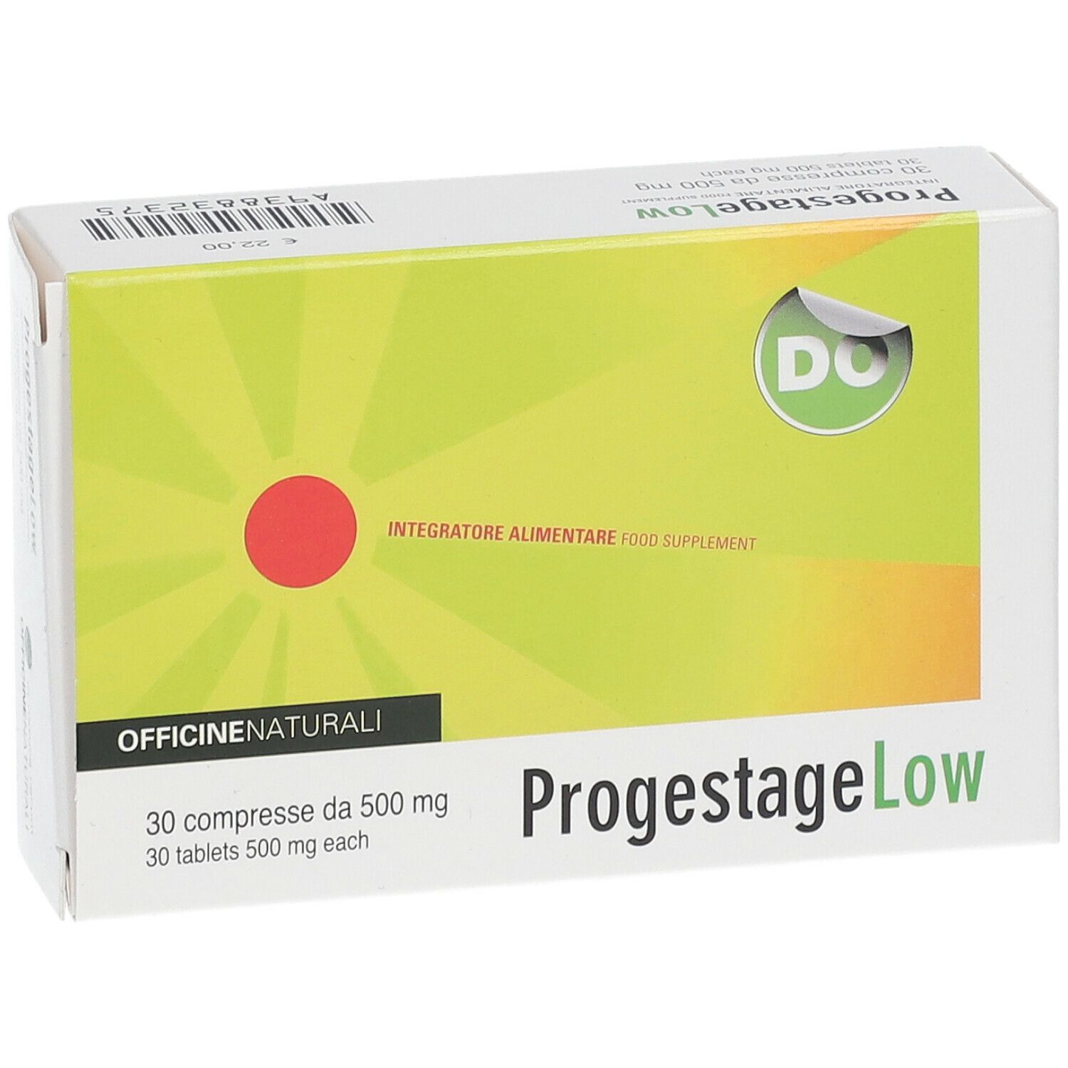 Confezione ProgestageLow. Scatola bianca con sfondo giallo e cerchio rosso. Testo: 30 compresse, 500 mg.