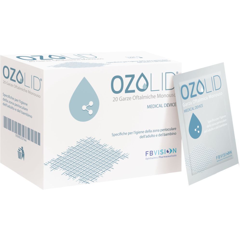 Confezione di garze oculari Ozolid. Contiene 20 garze confezionate singolarmente. Garza singola visibile.