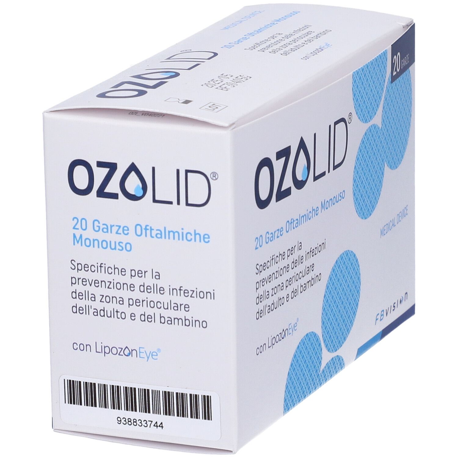 Scatola di garze oculari Ozolid. Scritta: Ozolid, 20 Garze, dispositivo medico. Testo in italiano.