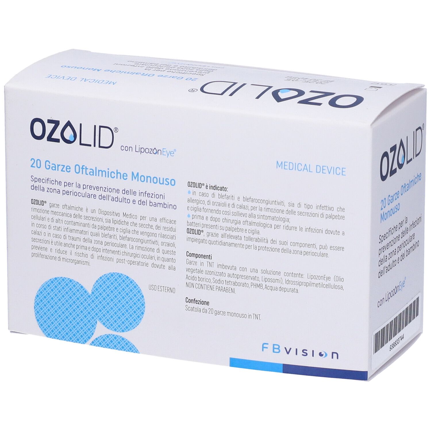 Scatola di garze oculari Ozolid. Scritta: Ozolid, 20 Garze, dispositivo medico. Testo in italiano.
