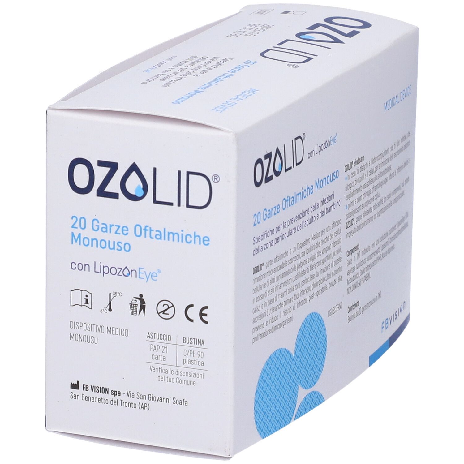 Scatola di garze oculari Ozolid. Scritta: Ozolid, 20 Garze, dispositivo medico. Testo in italiano.