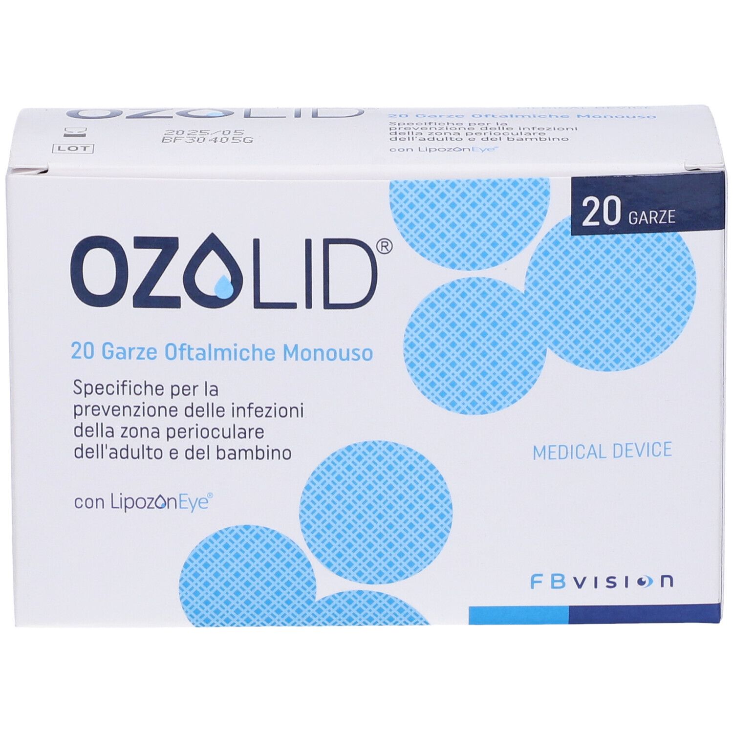 Scatola di garze oculari Ozolid. Scritta: Ozolid, 20 Garze, dispositivo medico. Testo in italiano.