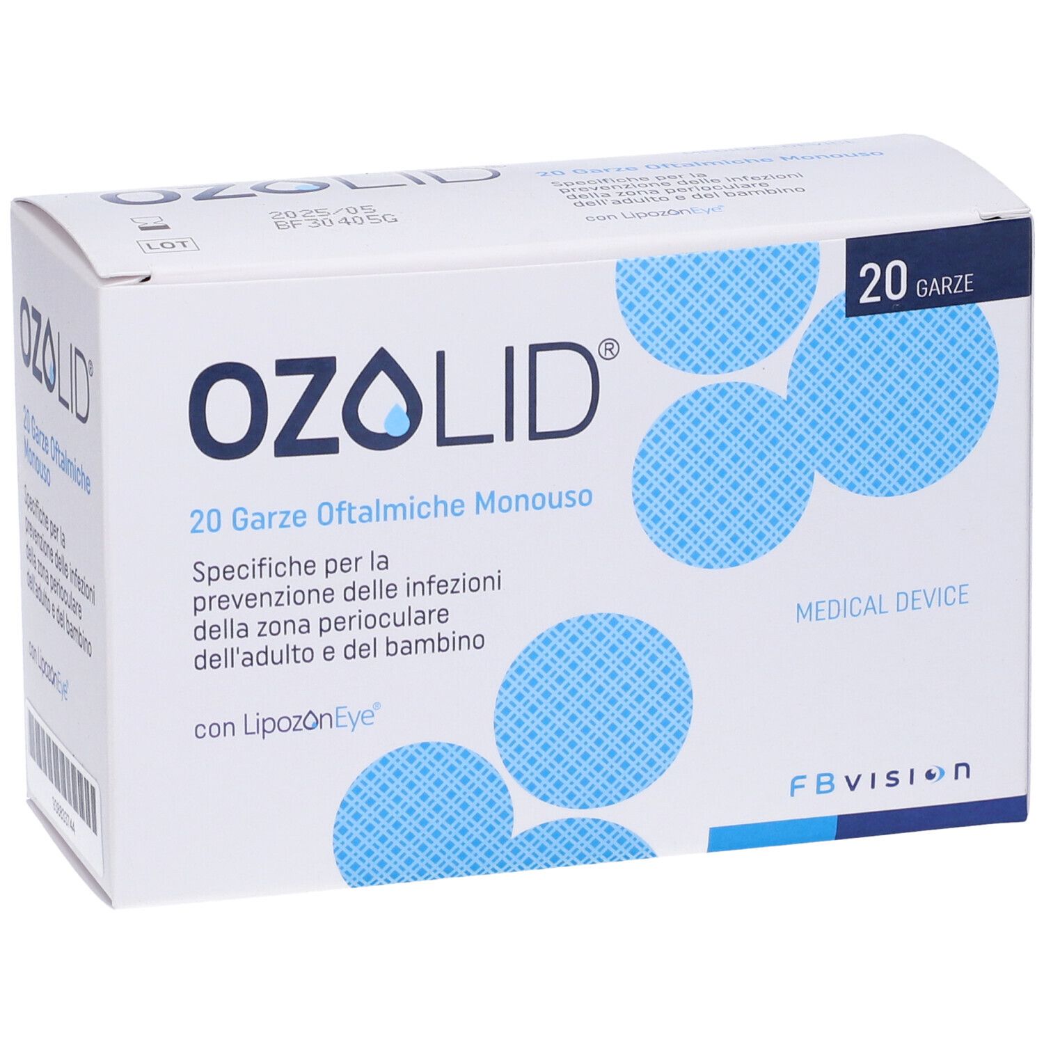 Scatola di garze oculari Ozolid. Scritta: Ozolid, 20 Garze, dispositivo medico. Testo in italiano.