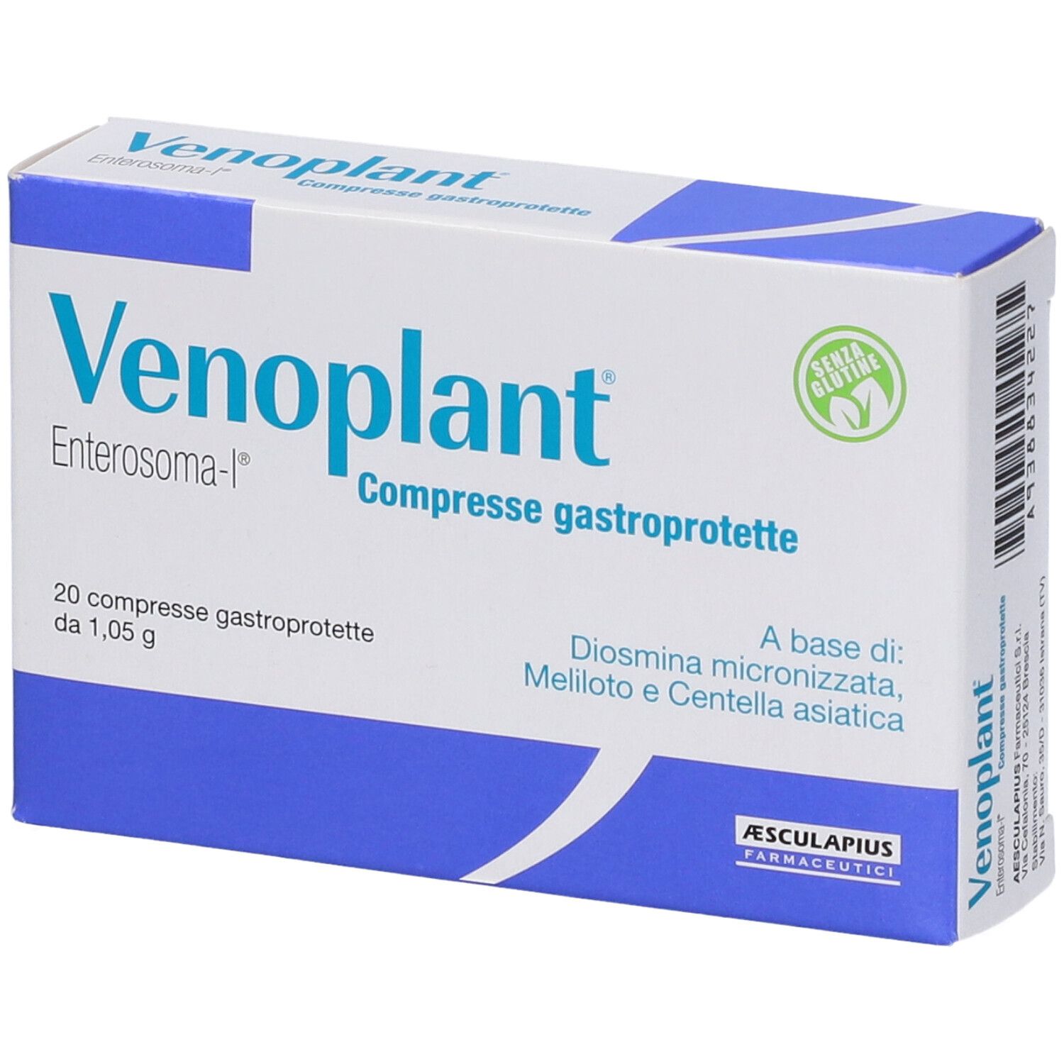 Scatola di Venoplant Kompresse. Confezione bianca e blu con nome e ingredienti. Senza glutine.