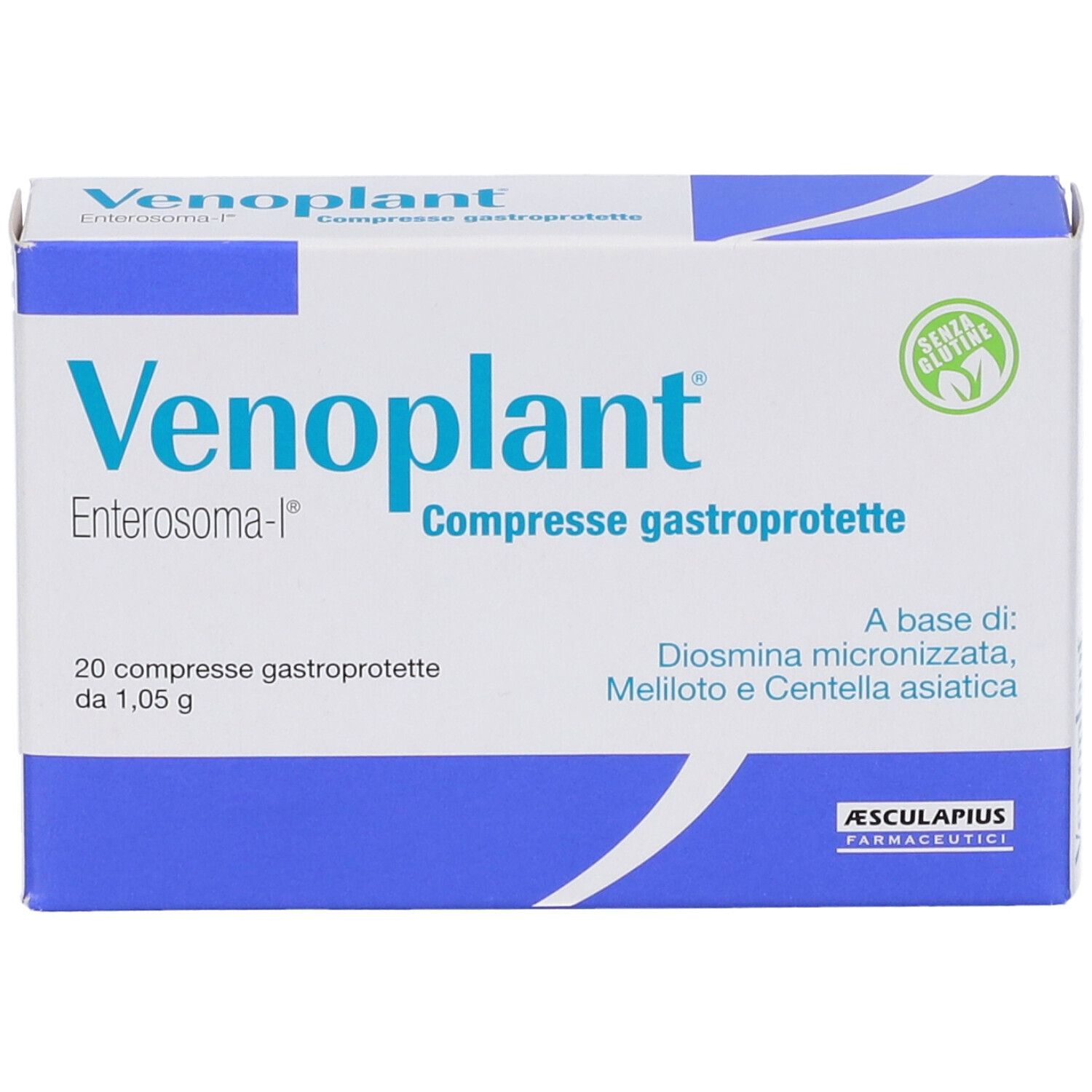 Scatola di Venoplant Kompresse. Confezione bianca e blu con nome e ingredienti. Senza glutine.