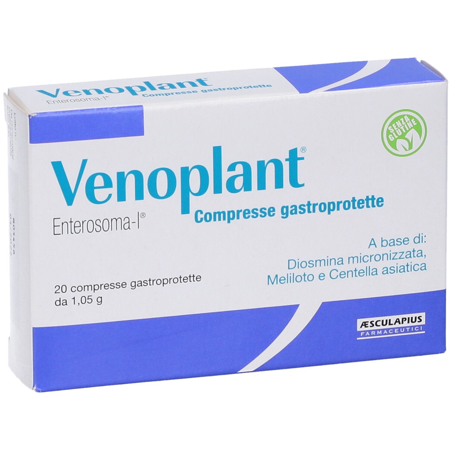 Scatola di Venoplant Kompresse. Confezione bianca e blu con nome e ingredienti. Senza glutine.