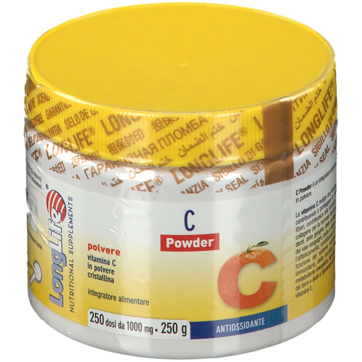 Contenitore bianco con coperchio giallo e sigillo. Scritta: LongLife, C Powder. Contiene vitamina C. Arancia illustrata.
