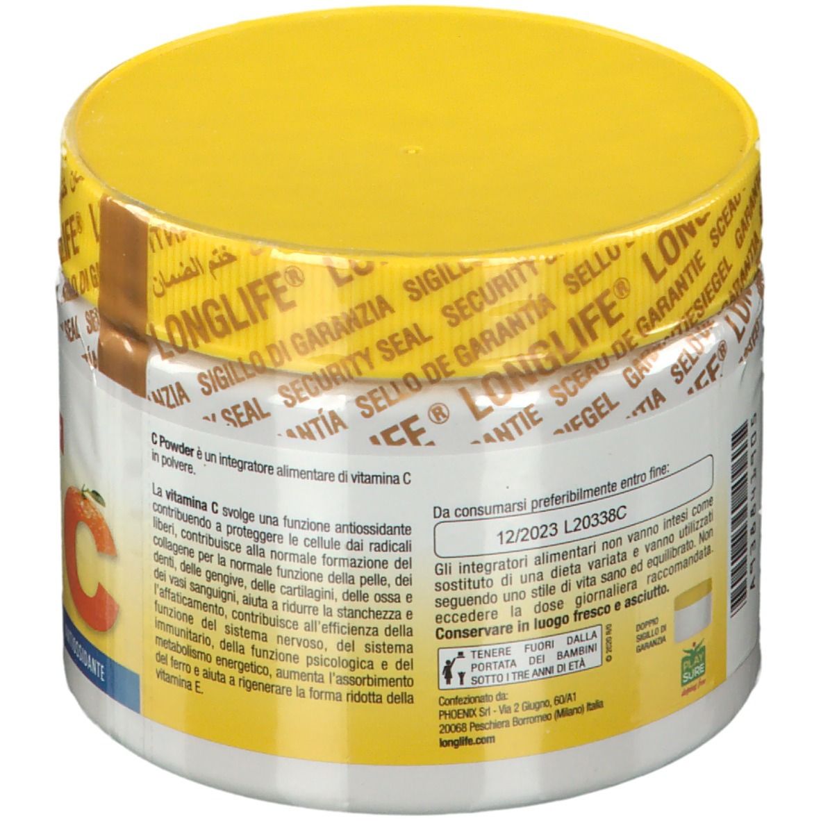 Contenitore bianco con coperchio giallo e sigillo. Testo: C Powder. Contiene vitamina C. Scadenza: 12/2023.