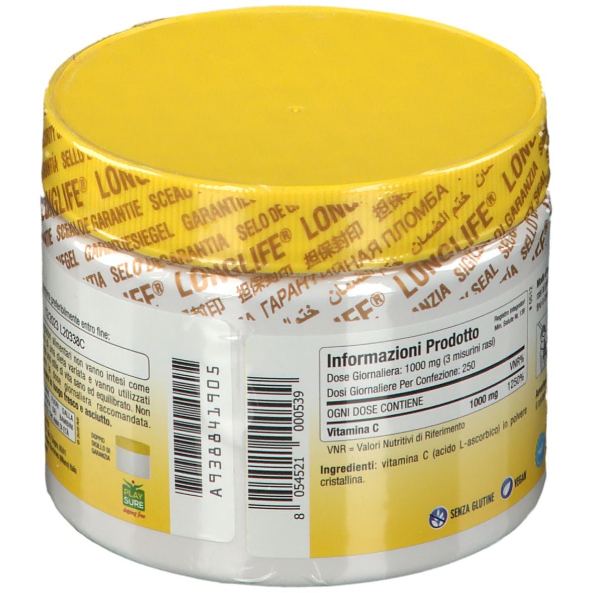 Contenitore bianco con coperchio giallo e sigillo. Scritta: C Powder. Contiene vitamina C. Codice a barre e informazioni prodotto.
