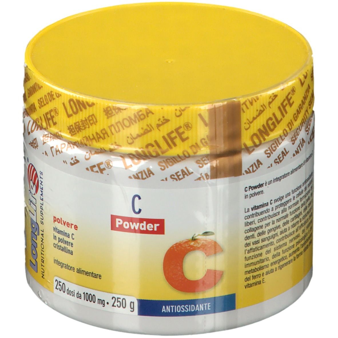 Contenitore bianco con coperchio giallo e sigillo. Scritta: C Powder. Contiene vitamina C. Arancia illustrata.