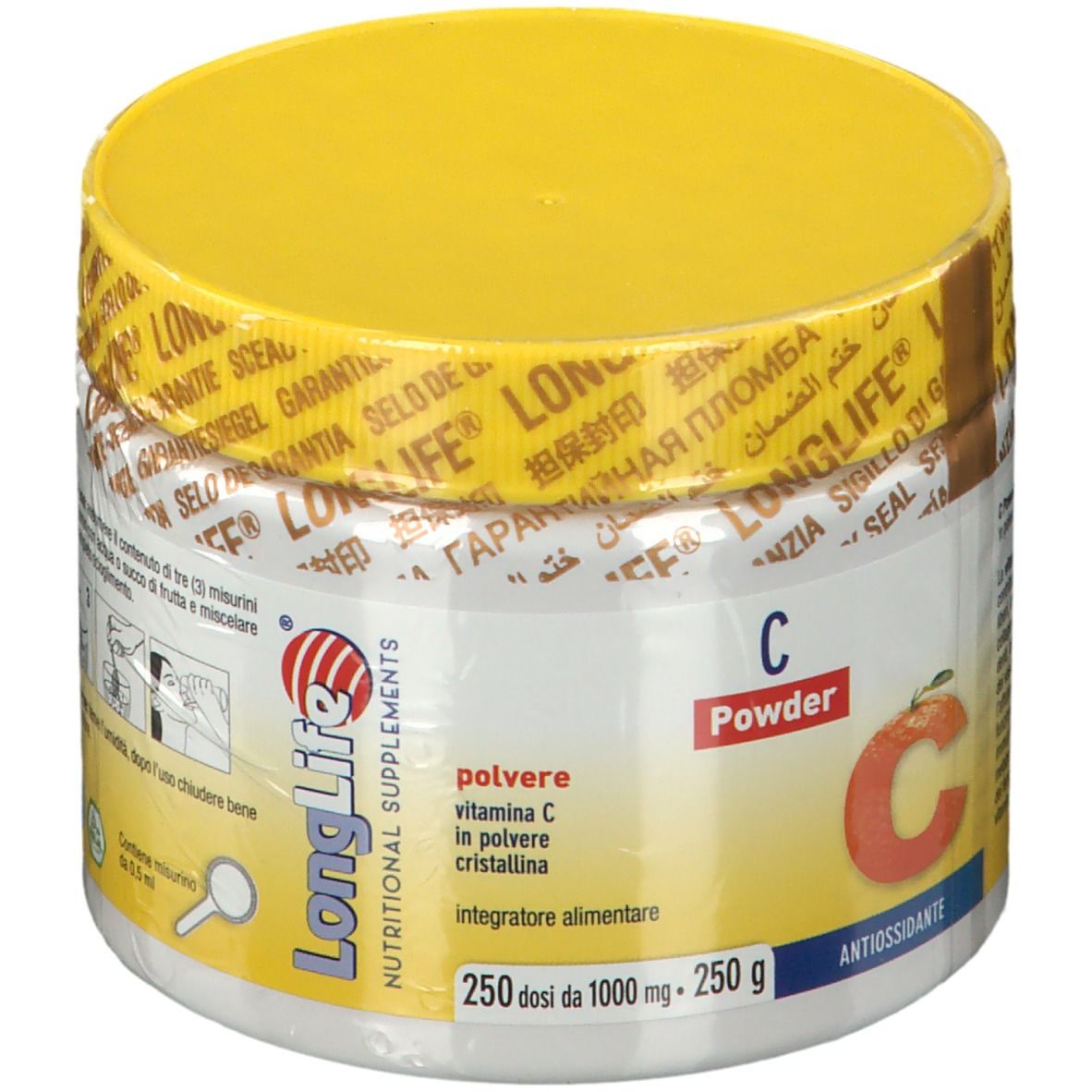 Contenitore bianco con coperchio giallo e sigillo. Scritta: LongLife, C Powder. Contiene vitamina C. Misurino illustrato.