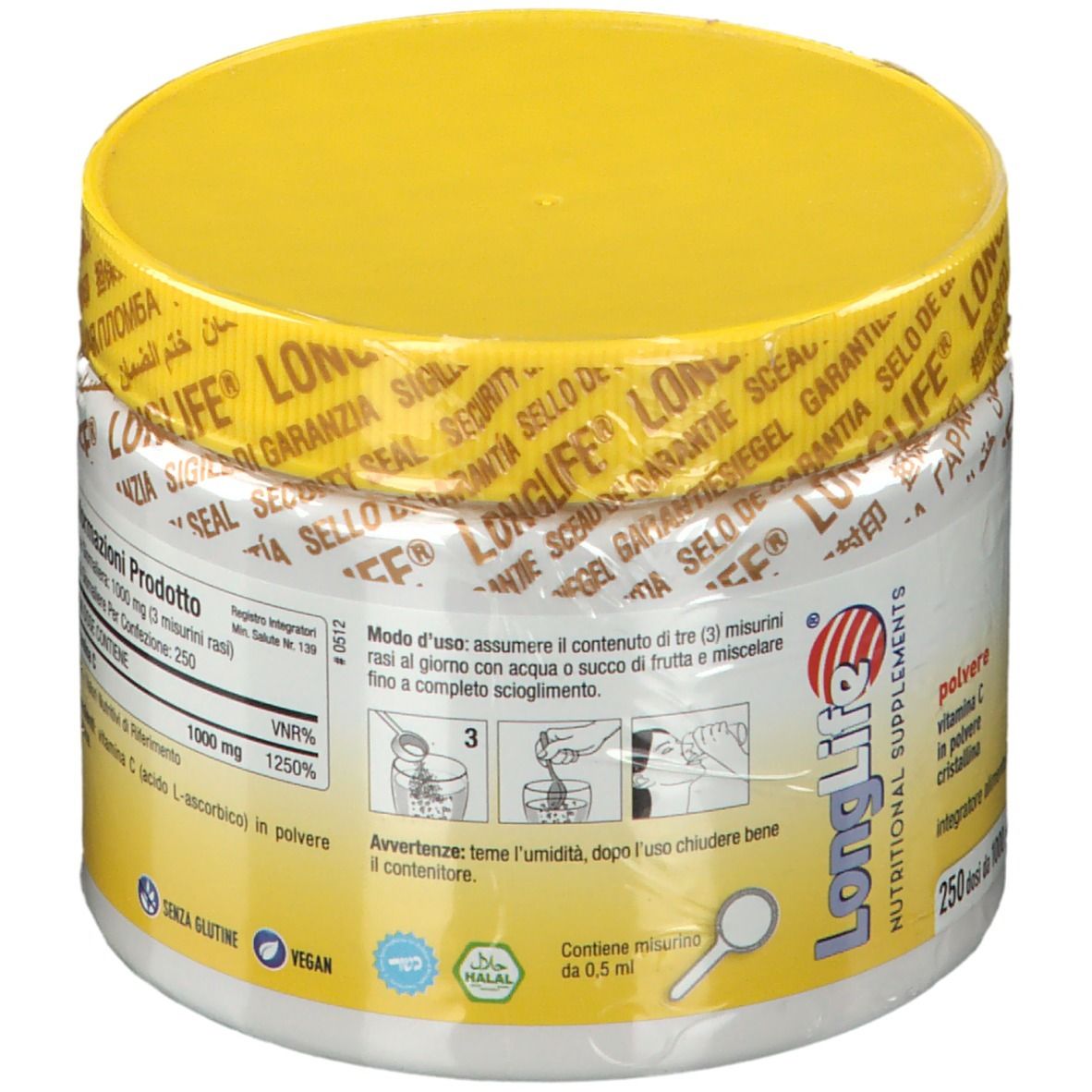 Contenitore bianco con coperchio giallo e sigillo. Scritta: LongLife, C Powder. Contiene vitamina C. Misurino e istruzioni per l'uso.