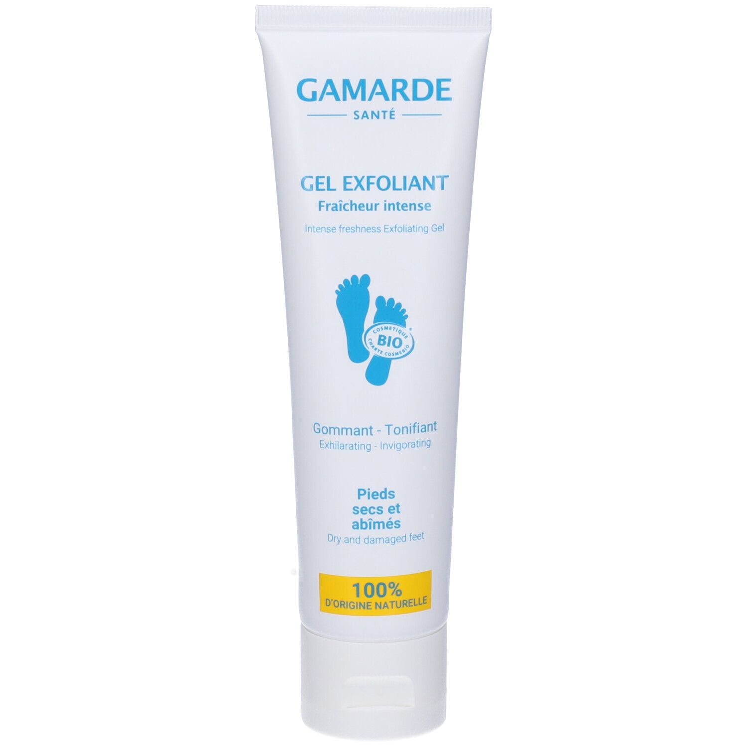 Tubo bianco-blu con testo. Gel Exfoliant, Fraîcheur intense, simbolo piedi, 100% origine naturale.