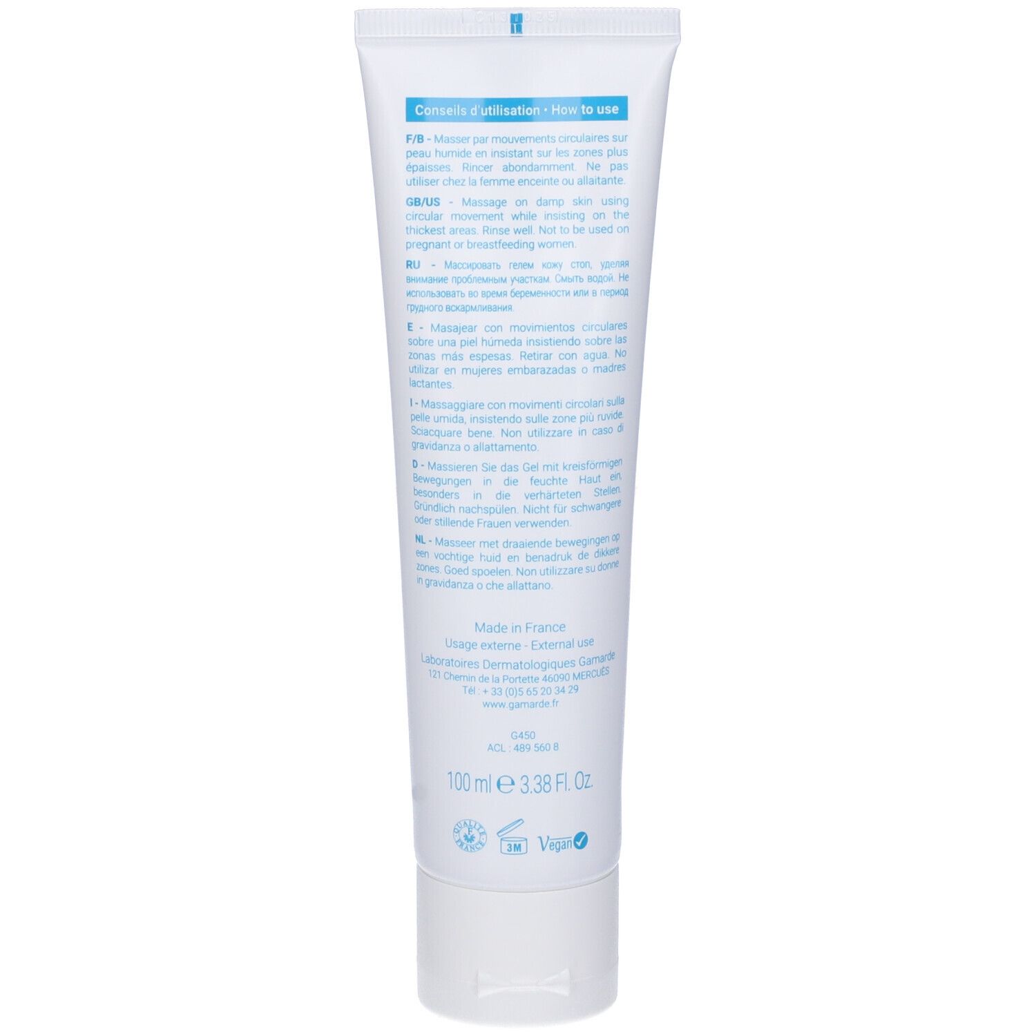 Retro del tubo. Testo multilingue: istruzioni per l'uso, ingredienti, informazioni produttore, 100 ml.