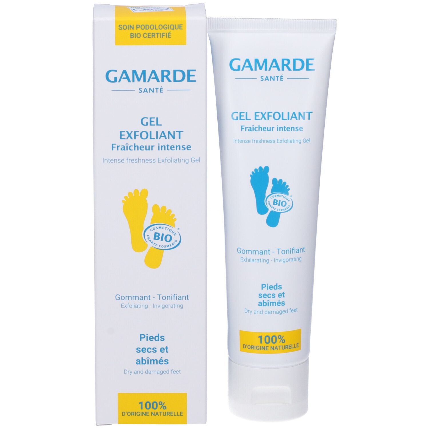 Confezione prodotto con tubo e scatola. Testo: Gamarde, Gel Exfoliant, Fraîcheur intense, simbolo piedi, certificazione bio.