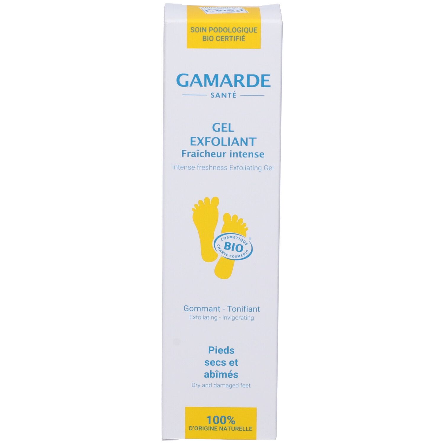 Scatola di cartone. Testo: Gamarde, Gel Exfoliant, Fraîcheur intense, simbolo piedi, certificazione bio, 100% origine naturale.