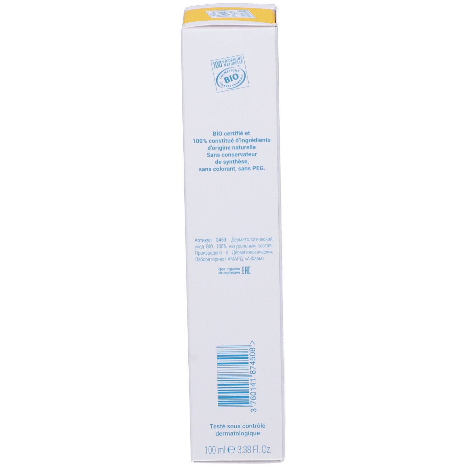 Lato della scatola di cartone. Testo: certificazione bio, 100% ingredienti naturali, codice a barre, 100 ml.