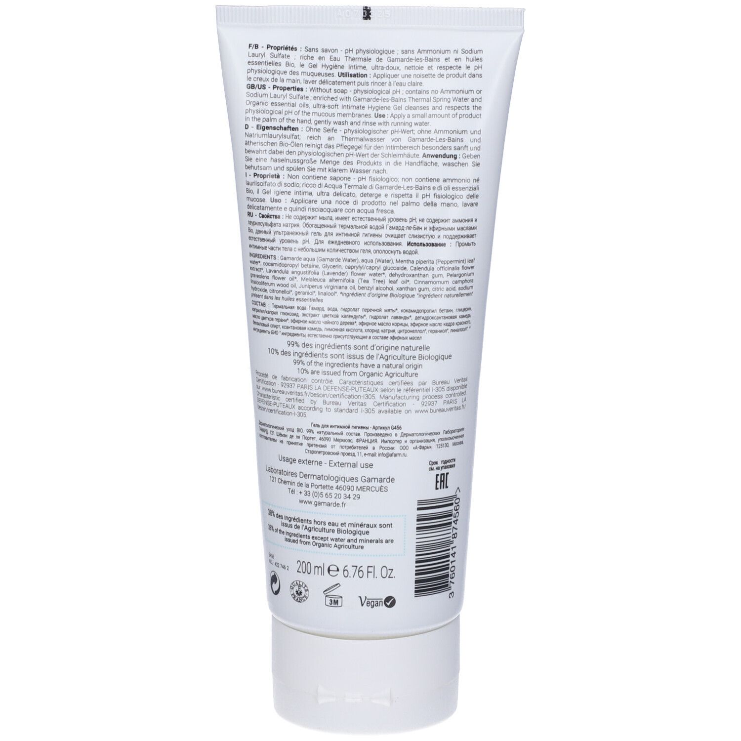 Weiße Tube mit Rückseitenetikett, das Inhaltsstoffe und Anwendungshinweise auflistet. Enthält 200 ml.