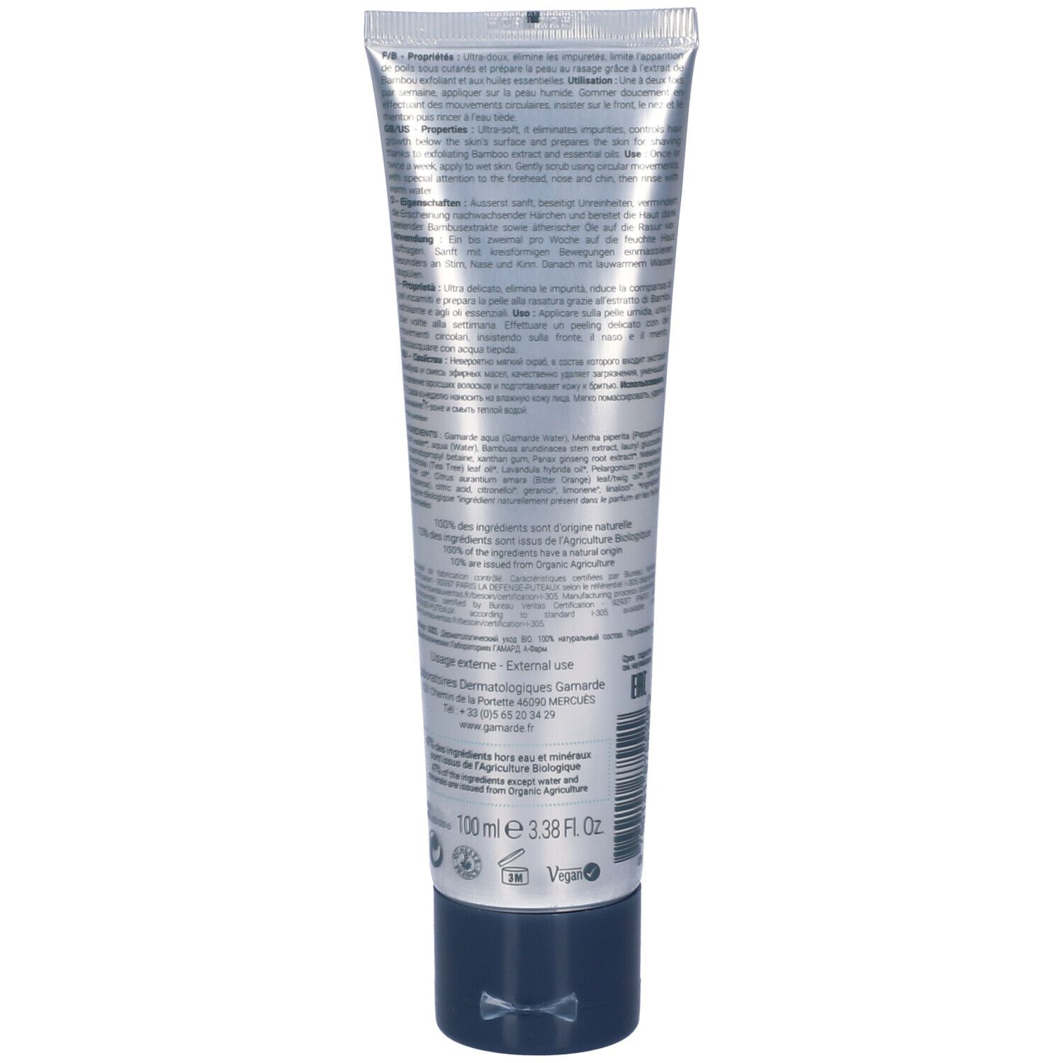Silberne Tube mit dunklem Verschluss, 100ml. Enthält Text und Symbole.