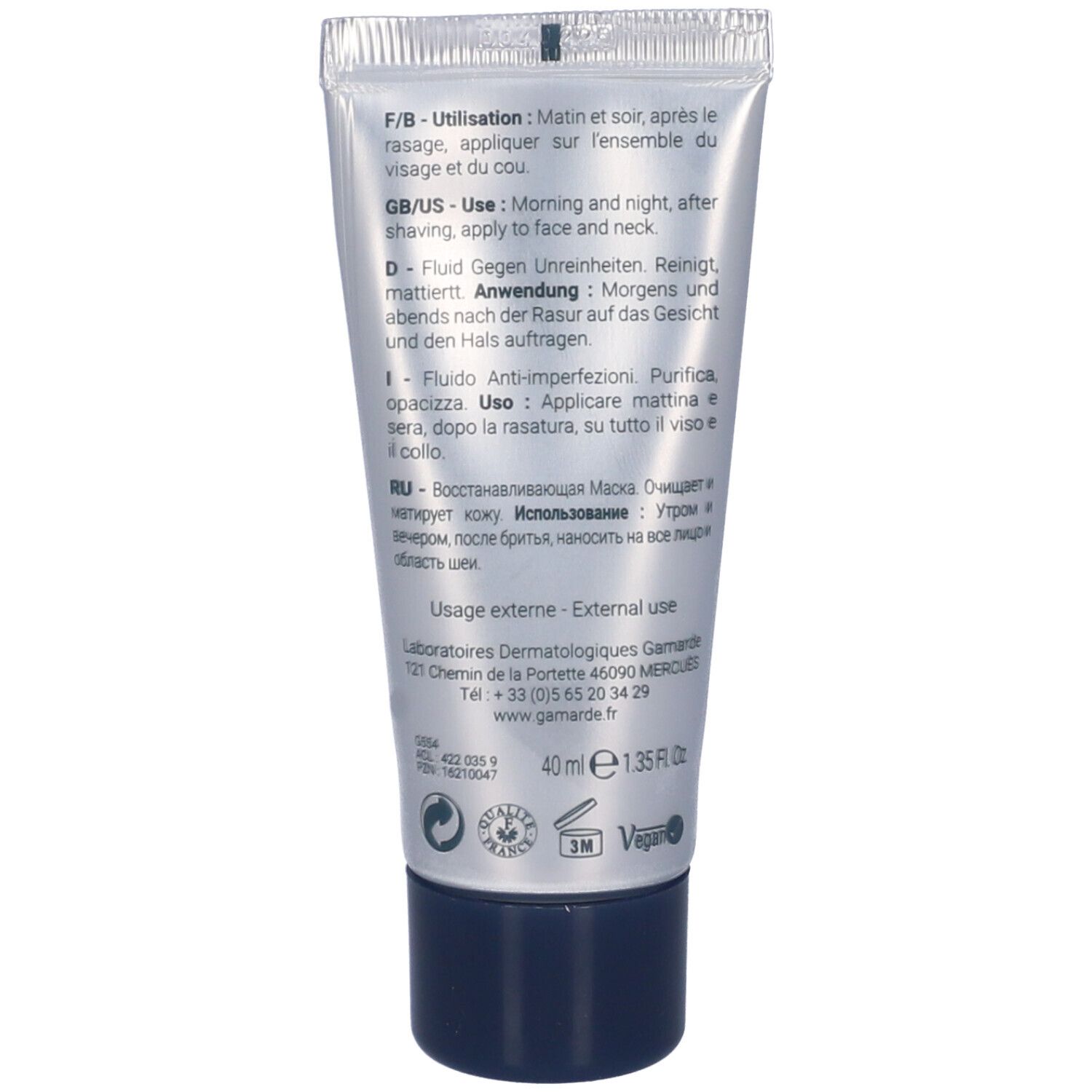 Rückseite der Gamarde Uomo Tube. Text in mehreren Sprachen: Anwendung, Inhaltsstoffe. 40 ml, Bio-Zertifizierung, Vegan-Logo.