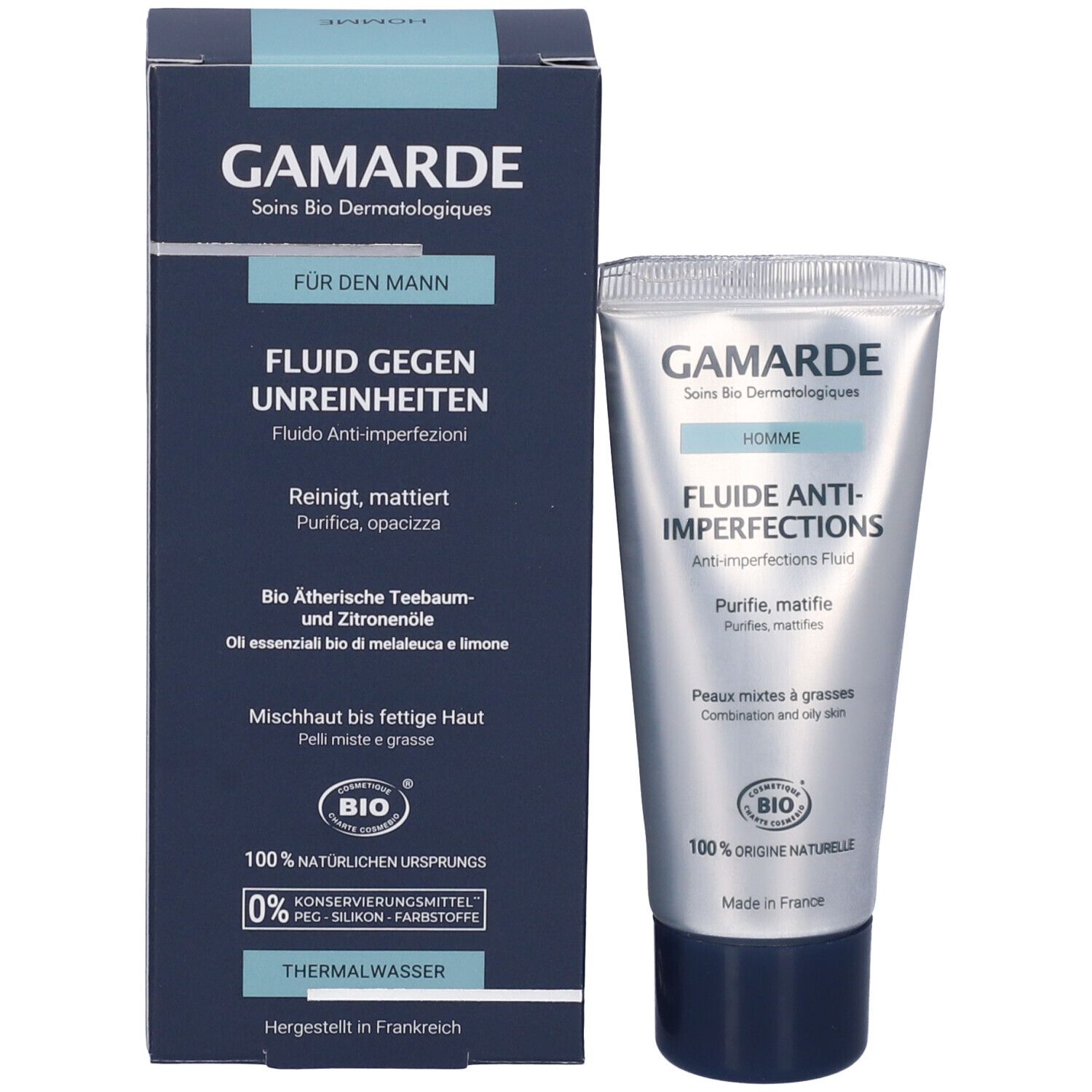 Gamarde Uomo Fluido Anti-Imperfezioni, Tube und Schachtel. Schachtel blau, Text: "Für den Mann". Bio-Zertifizierung.