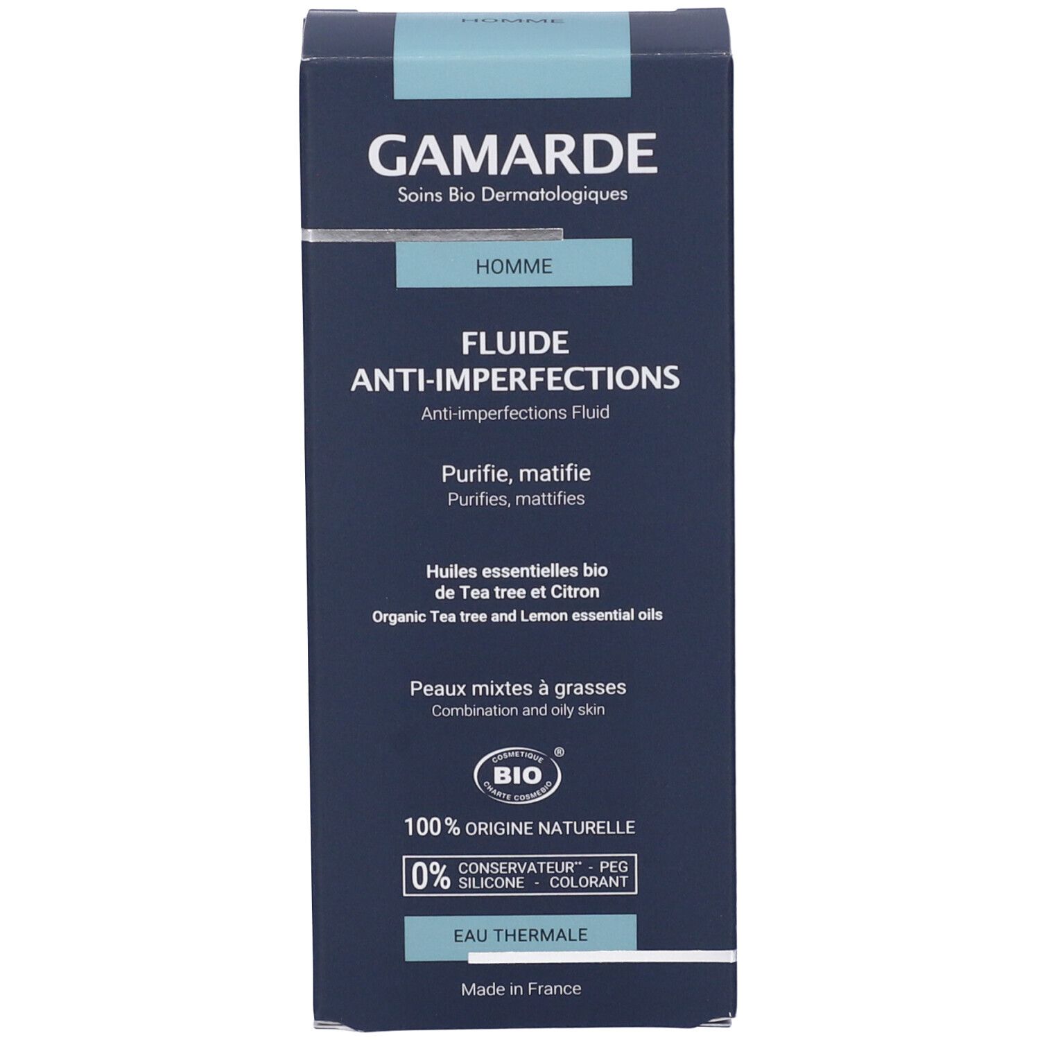 Vorderseite der blauen Schachtel Gamarde Uomo. Text: "Fluide Anti-Imperfections", Bio-Zertifizierung, Thermalwasser.