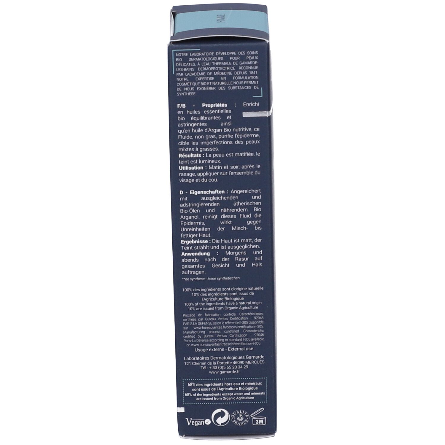 Rückseite der blauen Schachtel Gamarde Uomo. Text: Inhaltsstoffe, Anwendung. Vegan-Logo, 3M-Logo.