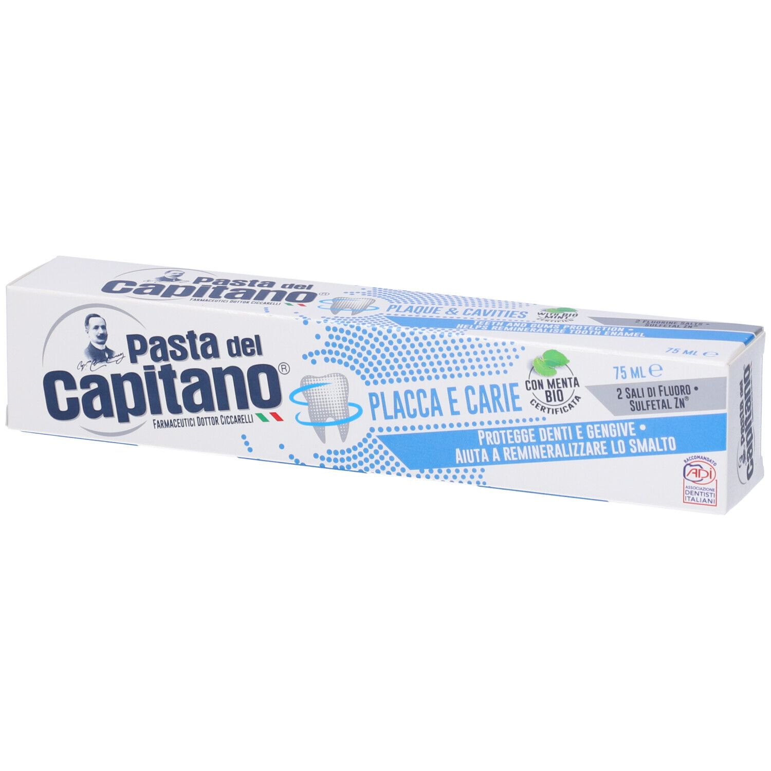 Tubo di dentifricio in confezione bianca. Scritta: Pasta del Capitano, Placca e Carie. Con illustrazioni e testo.
