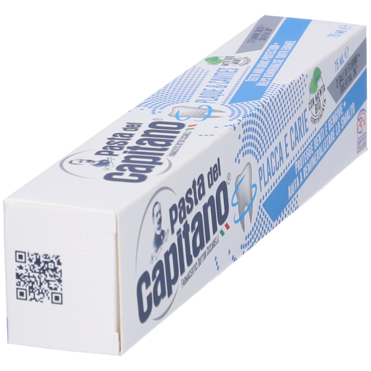 Vista obliqua della confezione bianca. Scritta: Pasta del Capitano, Placca e Carie. Con codice QR e testo.