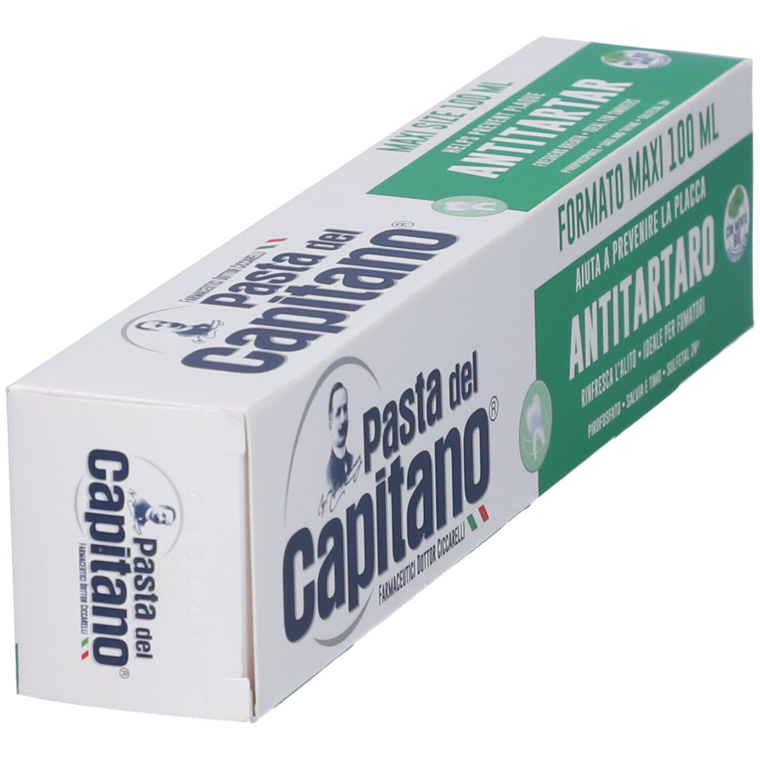 Verpackung von Pasta del Capitano Antitartaro Zahnpasta, 100 ml.