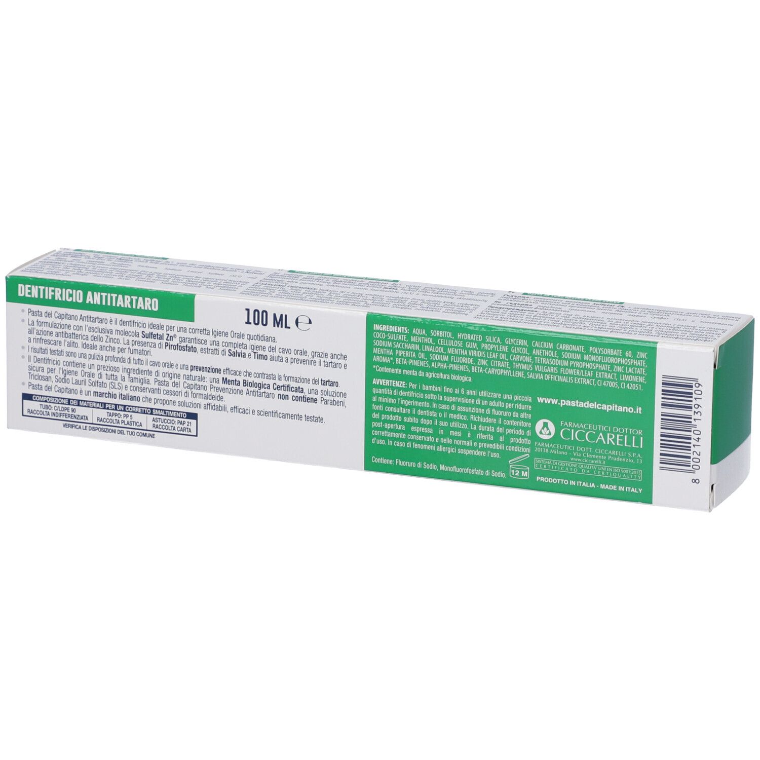 Zahncreme-Verpackung, 100 ml, mit Aufdrucken zu Inhaltsstoffen und Anwendung.