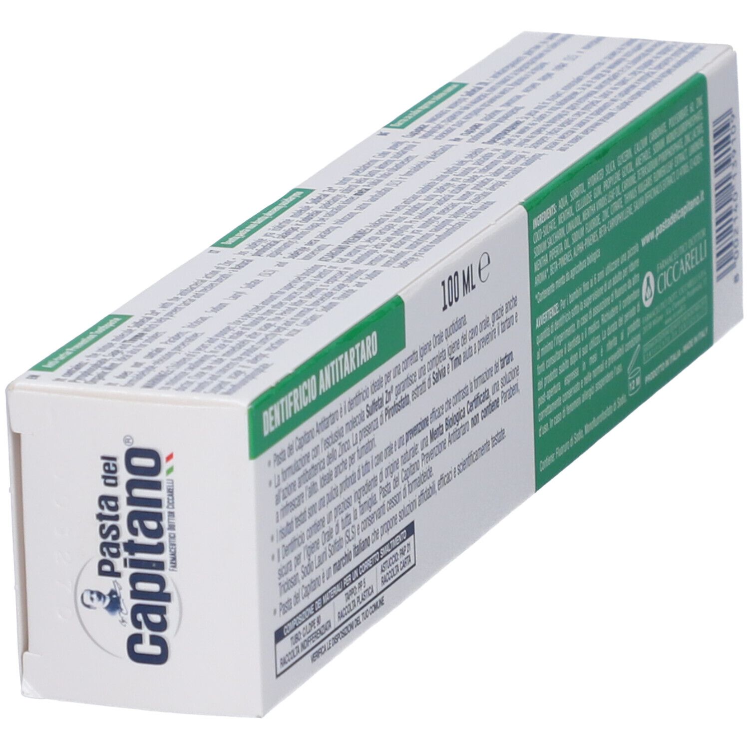 Verpackung von "Pasta del Capitano" Zahnpasta, 100 ml, mit Antikalk-Formel.