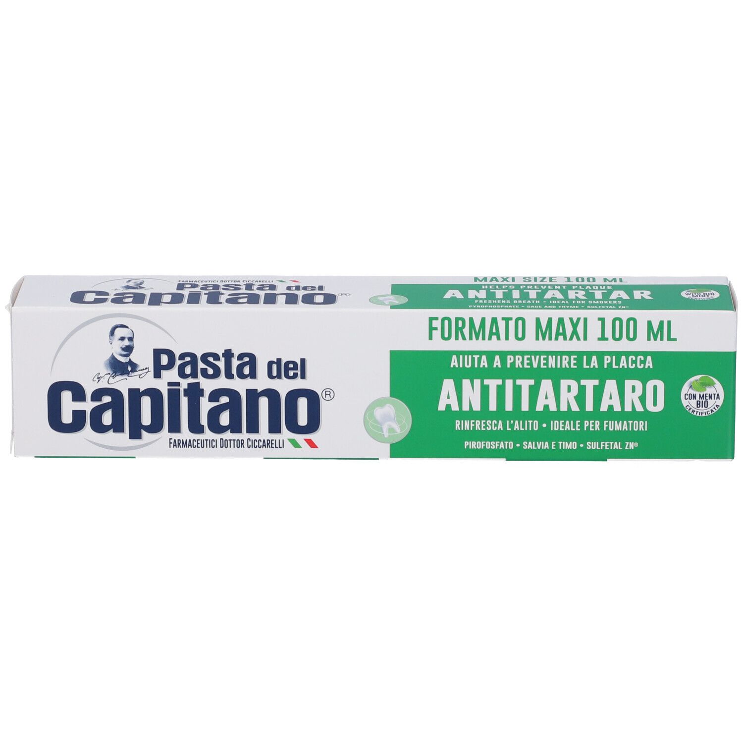 Zahnpasta "Pasta del Capitano Antitartaro" in Maxi-Größe 100 ml, zur Plaqueprävention.