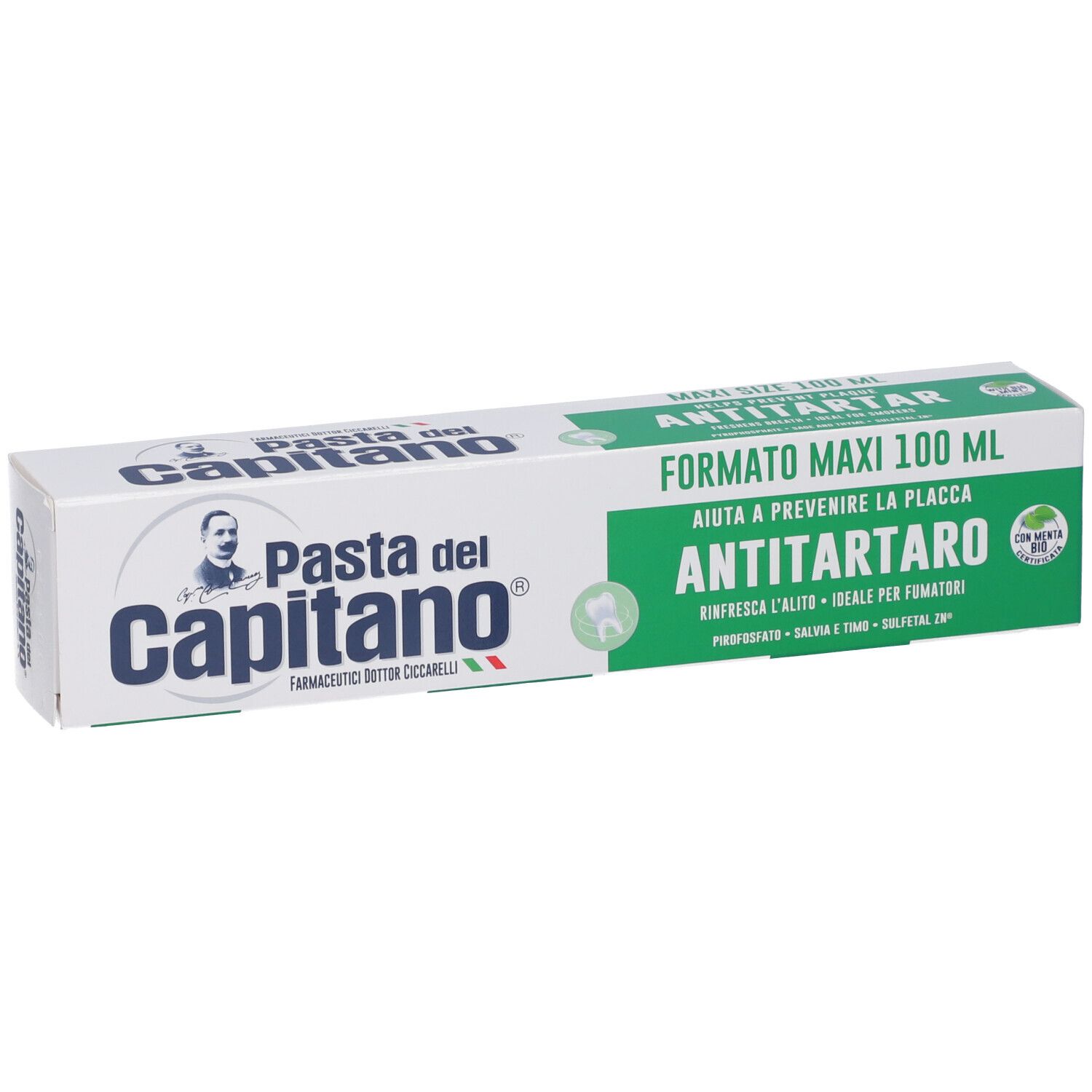 Zahncreme-Verpackung "Pasta del Capitano" mit "ANTITARTARO" Aufschrift, 100 ml.