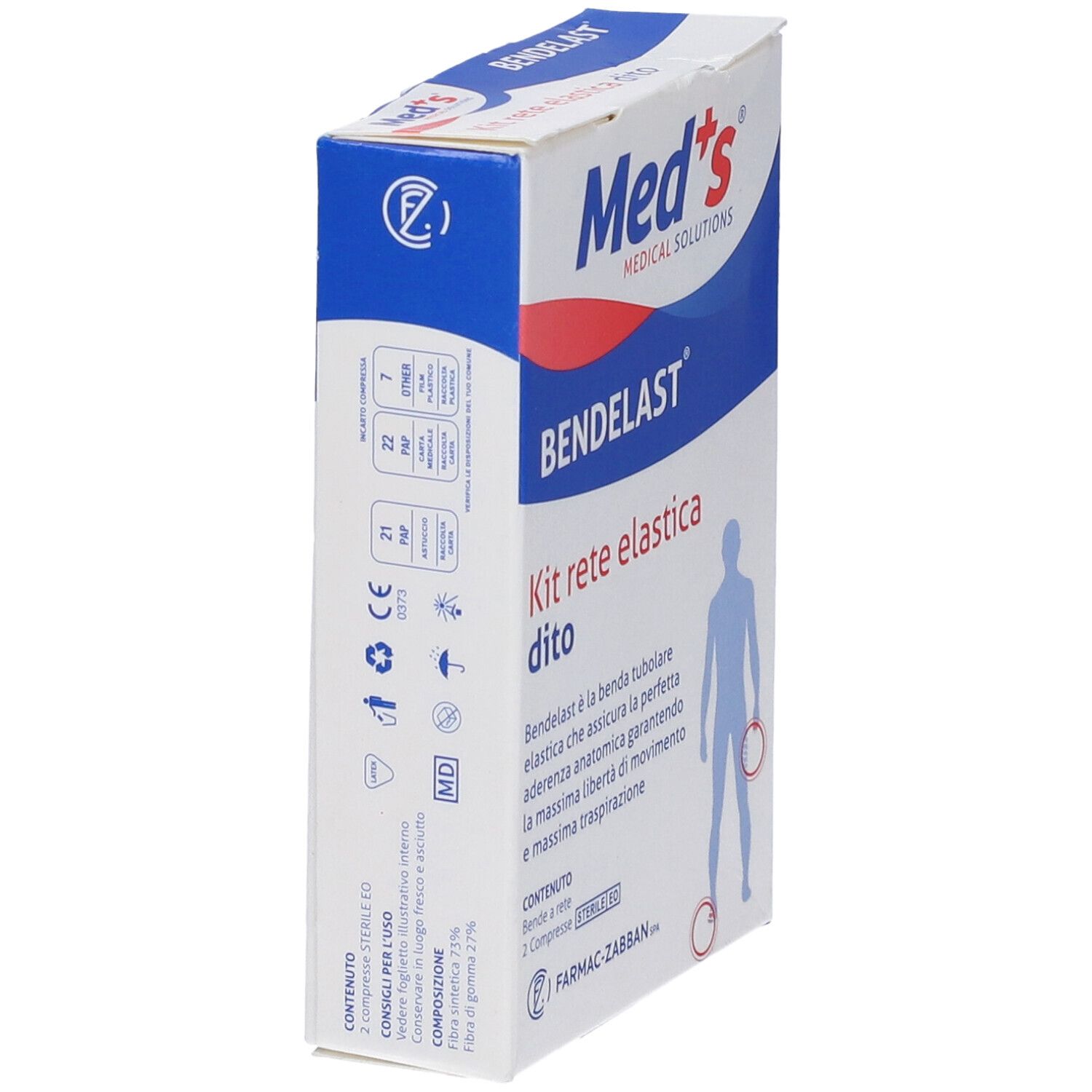 Verpackung von Bendelast Kit rete elastica dito. Enthält Netzverband und sterile Kompressen. Marke Med's.