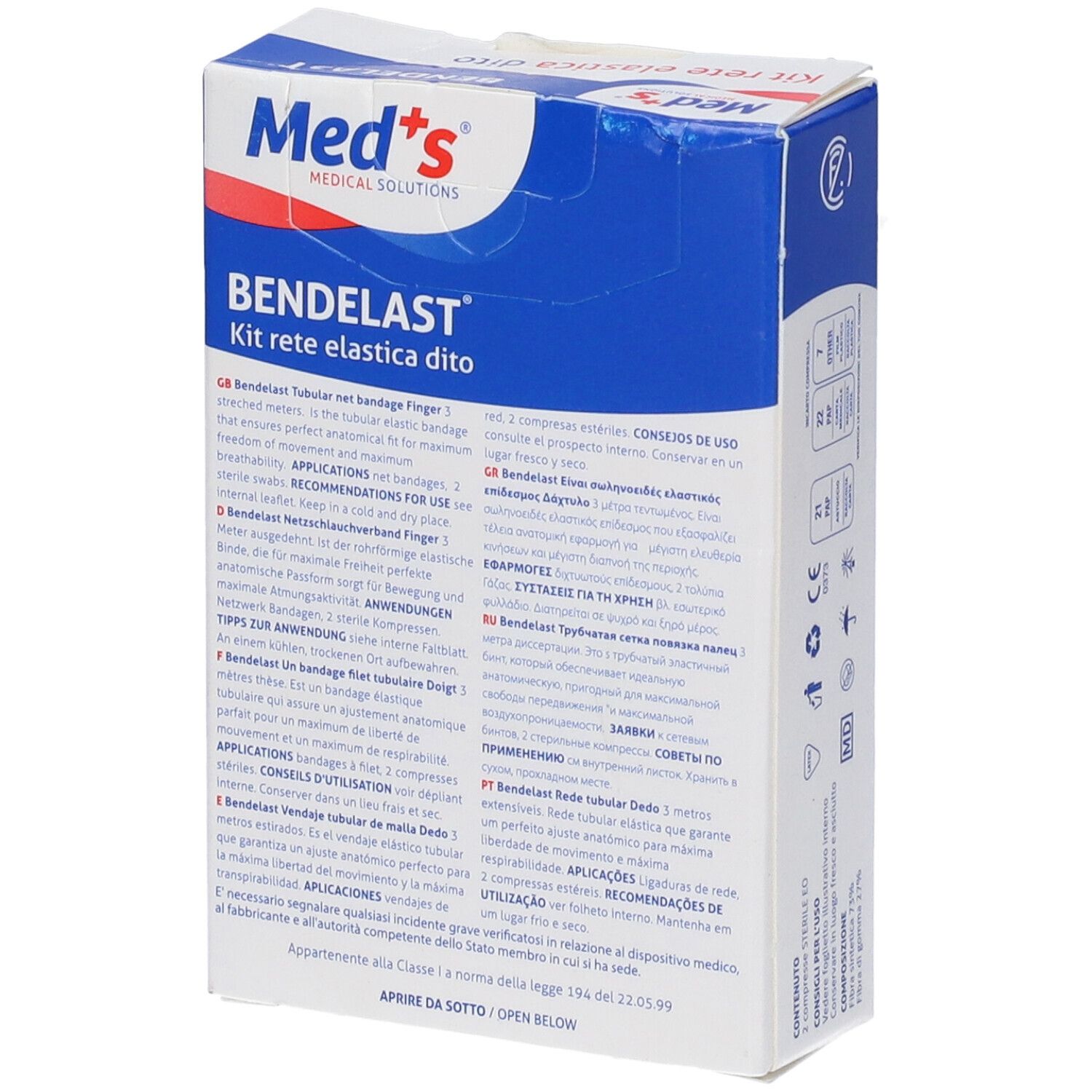 Verpackung von Bendelast Kit rete elastica dito. Mehrsprachige Produktinformationen. Marke Med's.
