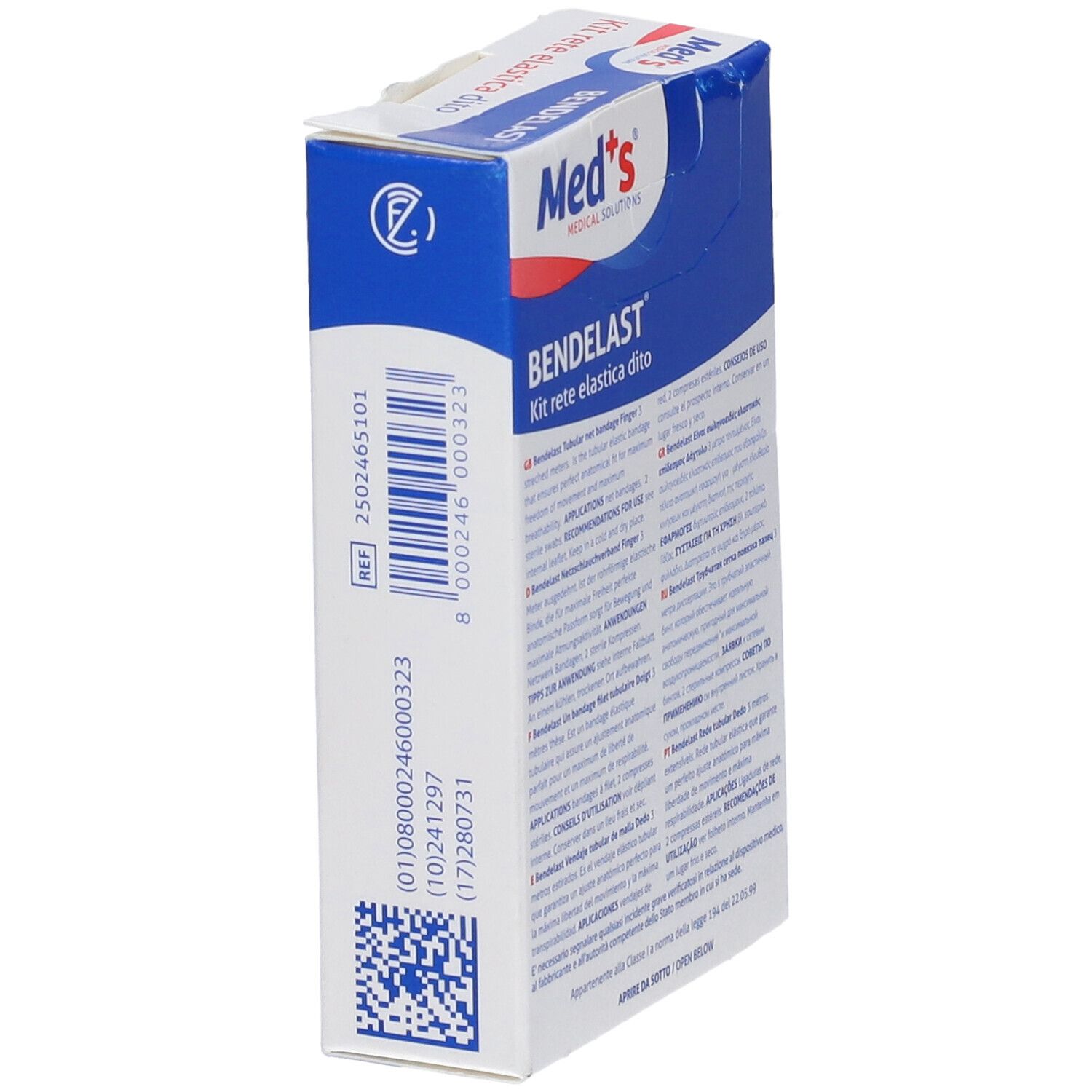 Verpackung von Bendelast Kit rete elastica dito. Enthält Netzverband und sterile Kompressen. Marke Med's.