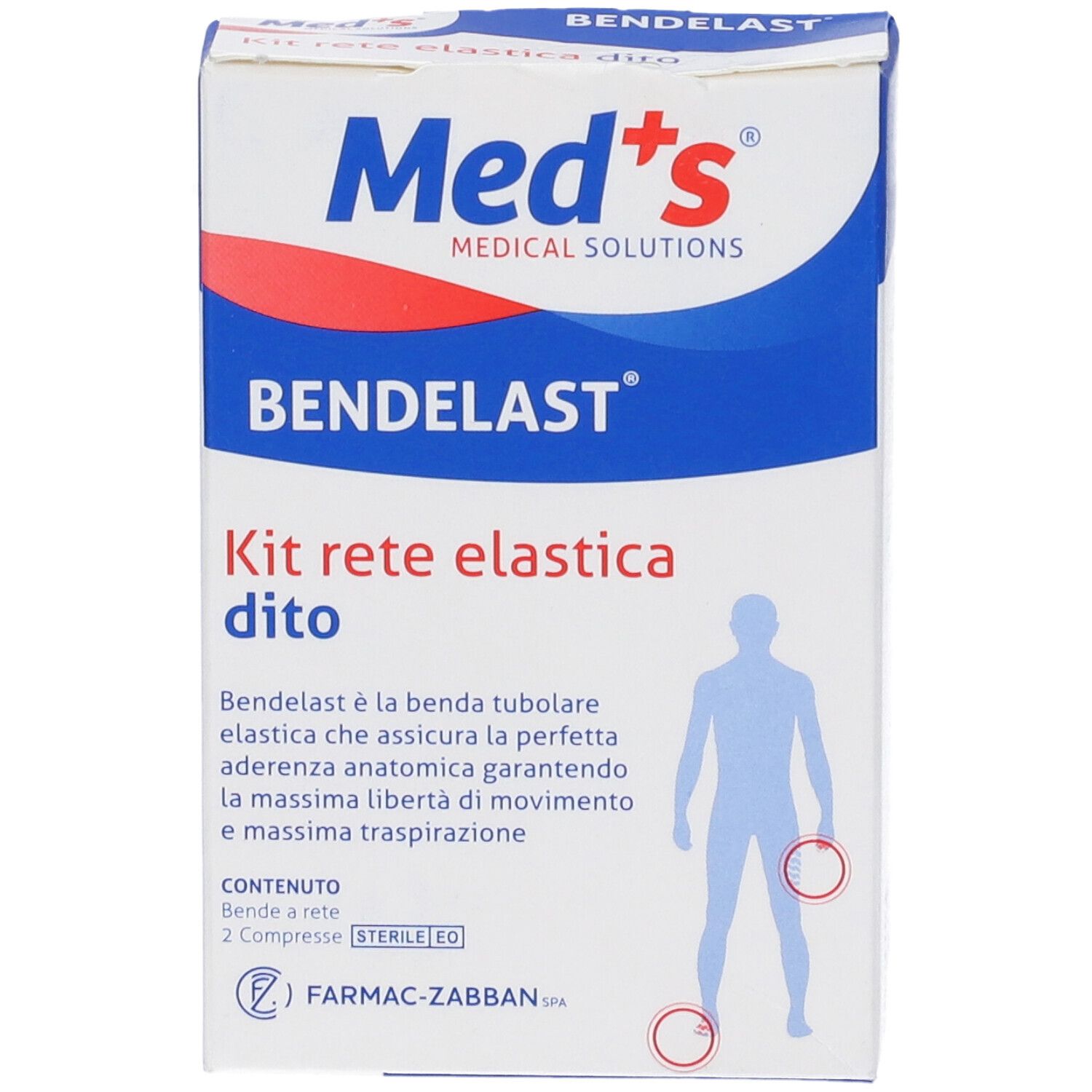 Verpackung von Bendelast Kit rete elastica dito. Enthält Netzverband und sterile Kompressen. Marke Med's.