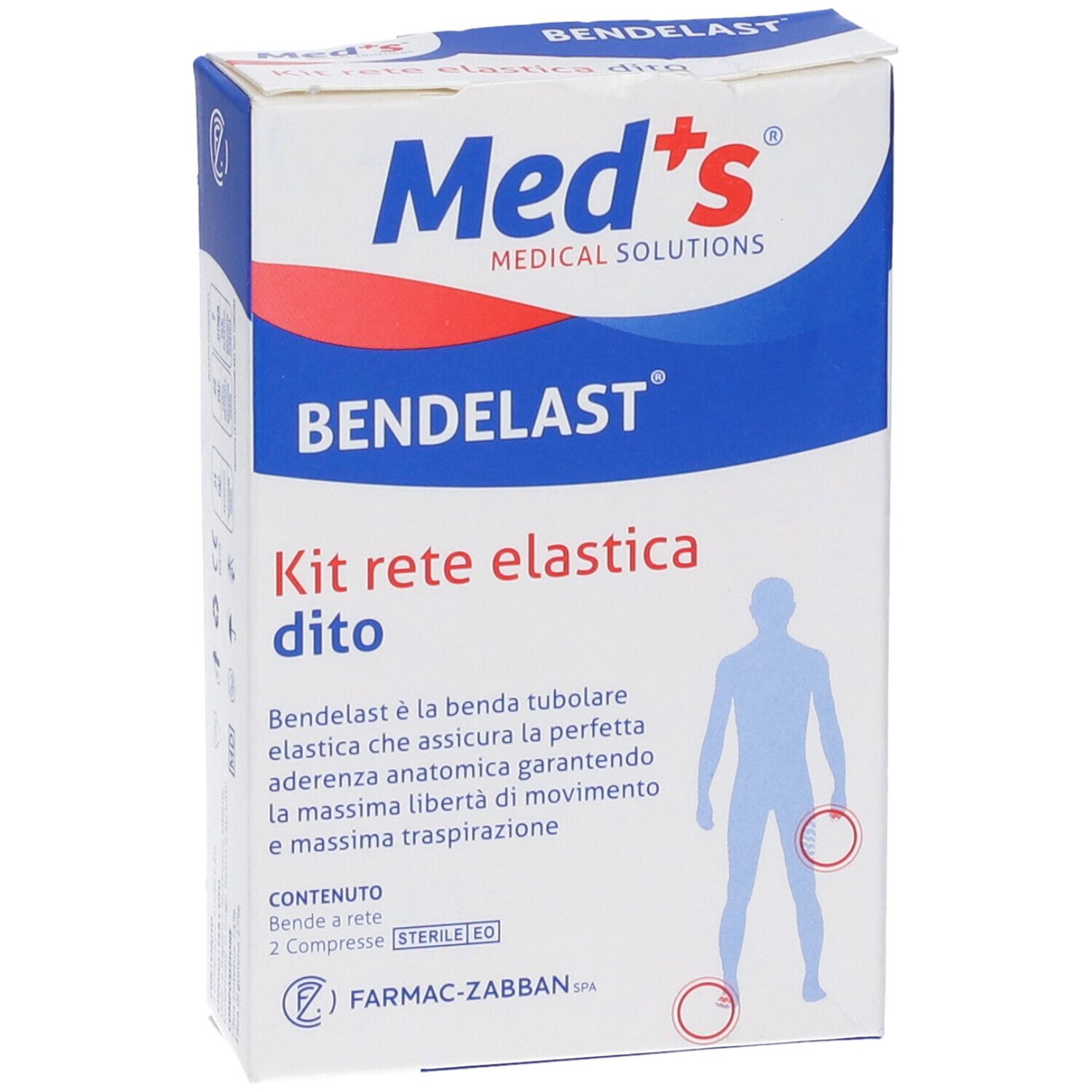 Verpackung von Bendelast Kit rete elastica dito. Enthält Netzverband und sterile Kompressen. Marke Med's.