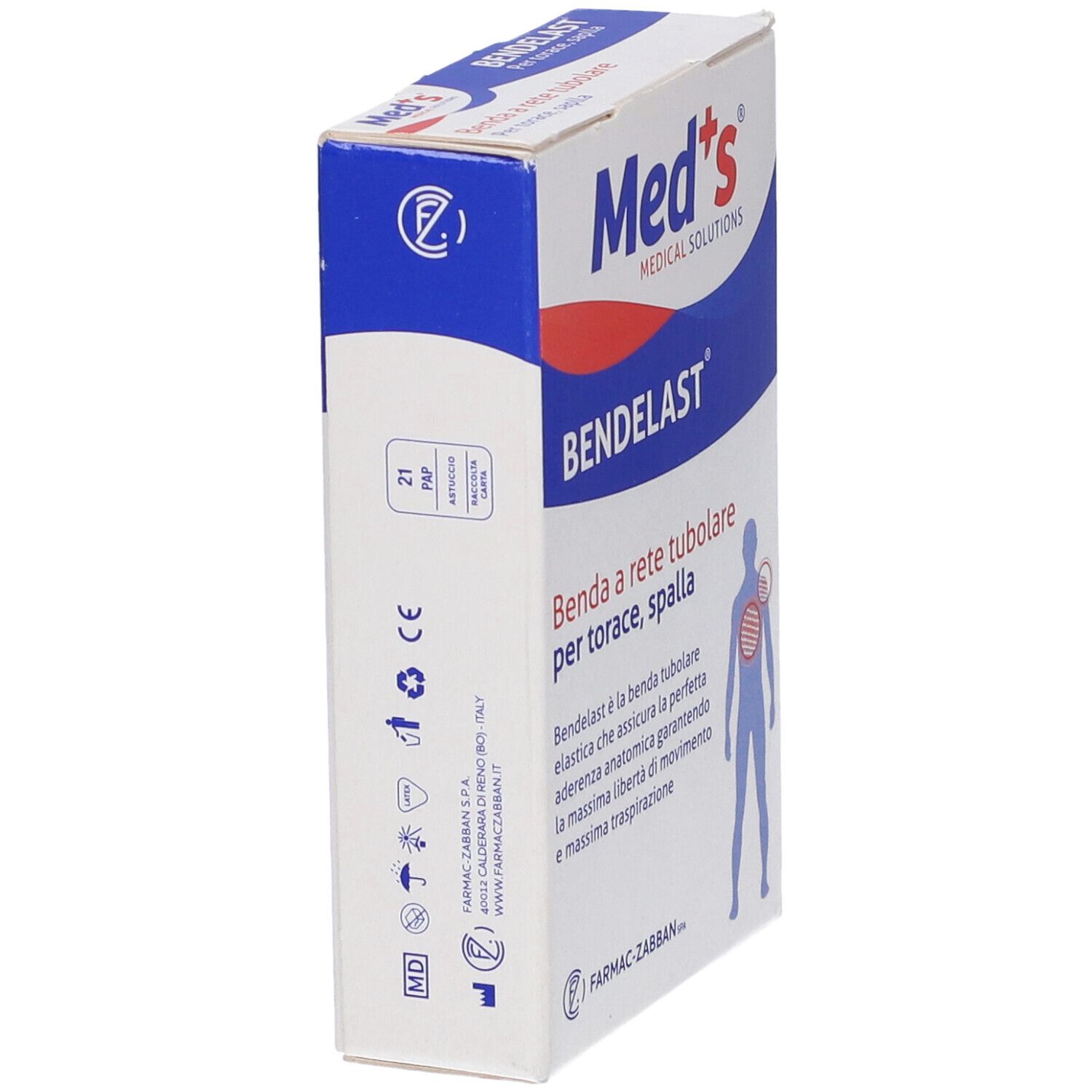 Seitenansicht der Med's BENDELAST Verpackung. Weiß-blaues Design mit Produktinformationen und Logos.