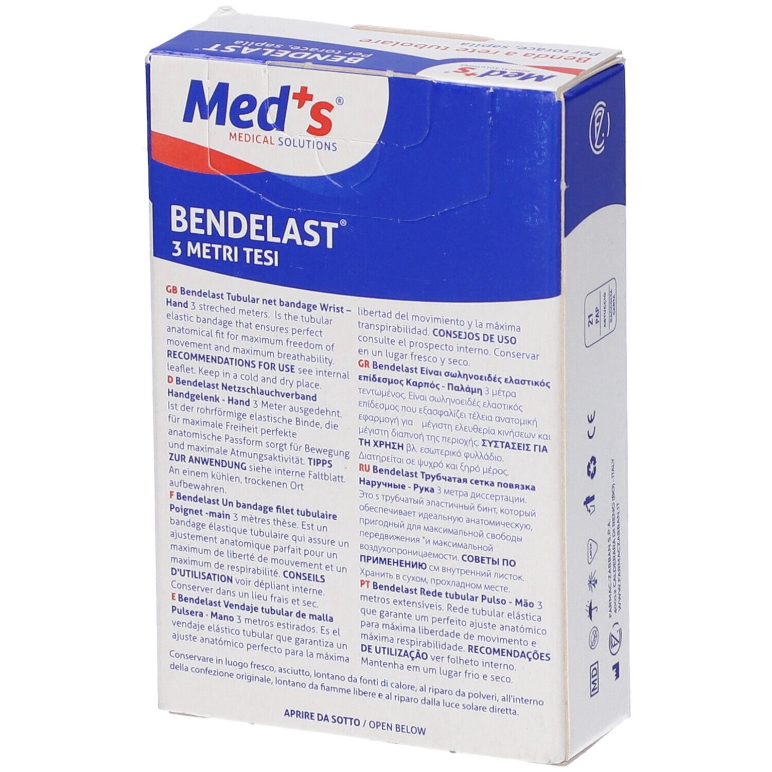 Med's BENDELAST Verpackung. 3 Meter gedehnt. Weiß-blaues Design mit Produktinformationen in mehreren Sprachen.