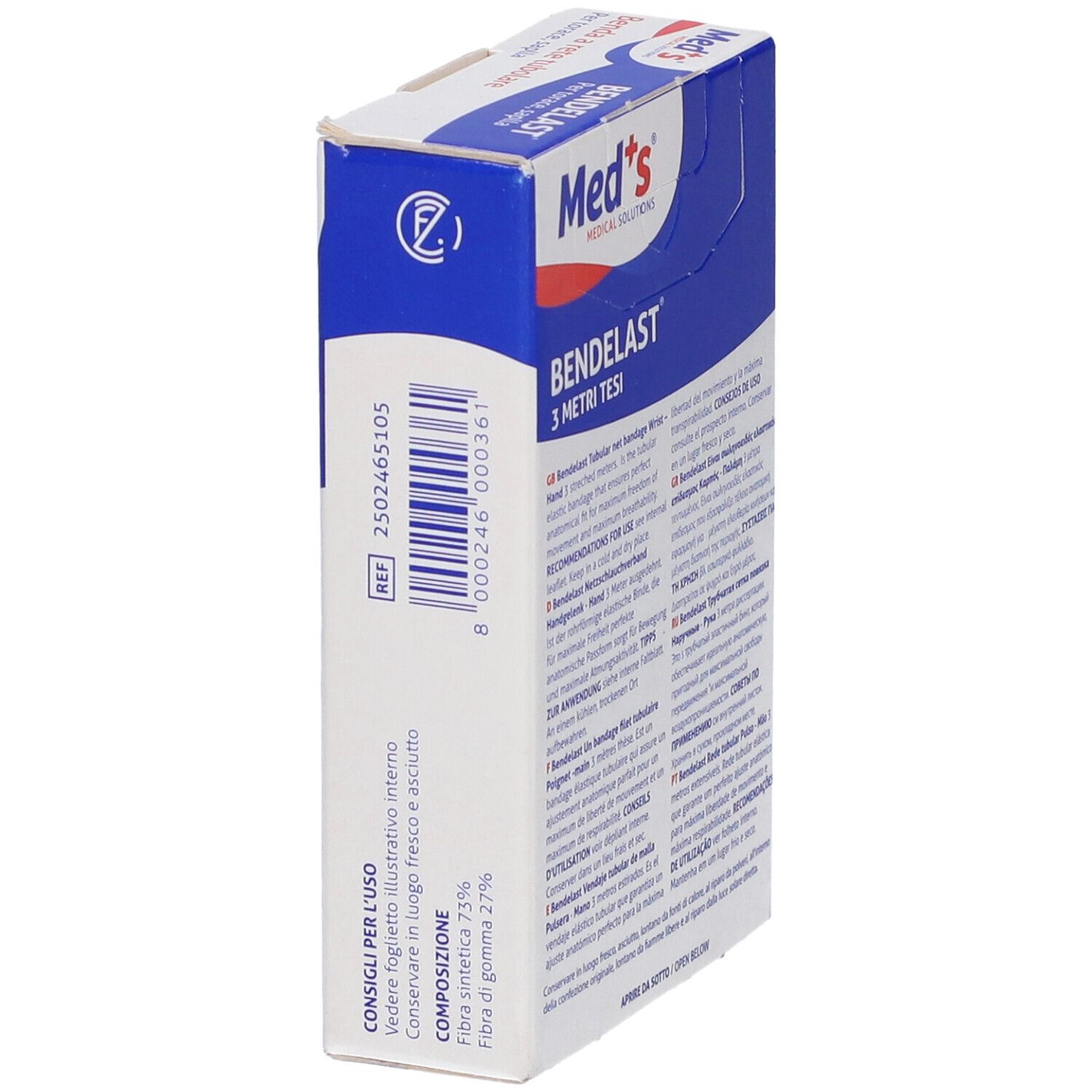 Seitenansicht der Med's BENDELAST Verpackung. 3 Meter gedehnt. Weiß-blaues Design mit Produktinformationen.