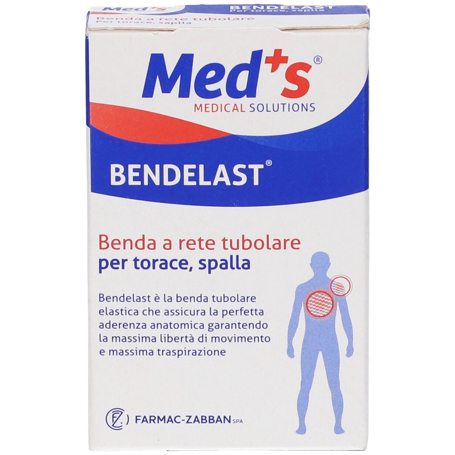 Med's BENDELAST Verpackung. Tubuläre Netzbandage für Brust und Schulter. Weiß-blaues Design mit Produktabbildung.