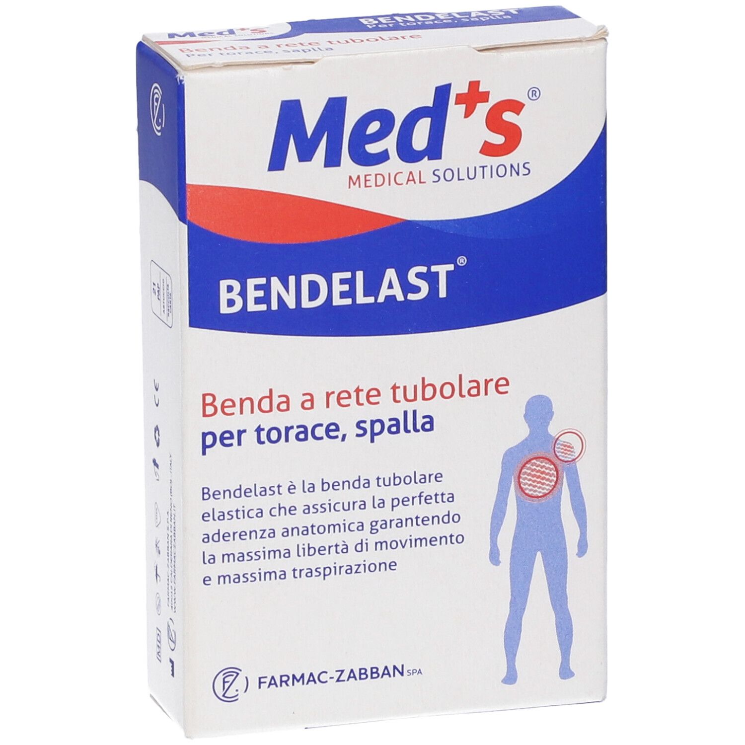 Med's BENDELAST Verpackung. Tubuläre Netzbandage für Brust und Schulter. Weiß-blaues Design mit Produktabbildung.