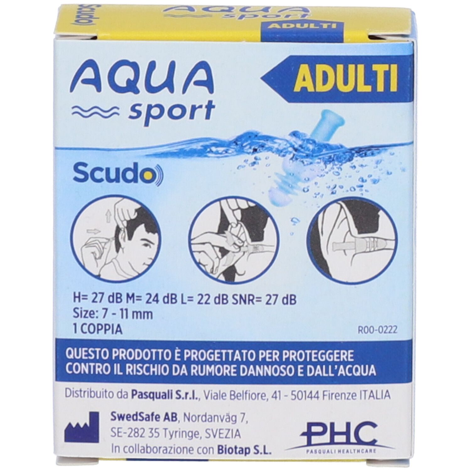 Rückseite der Verpackung von AQUA sport Adult Filtro Auricolare. Technische Informationen, Piktogramme und Herstellerangaben.